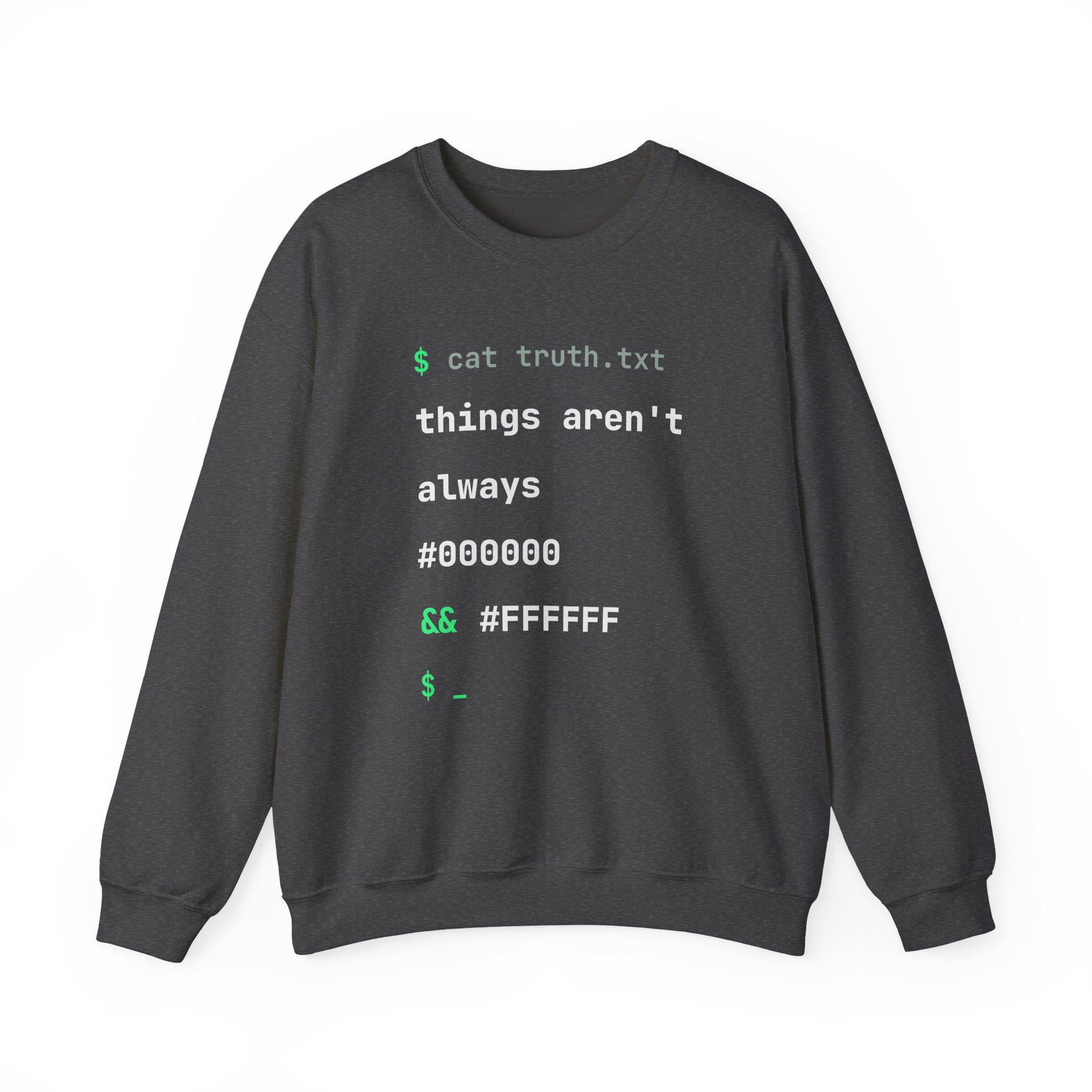 cat truth.txt crewneck sweatshirt in Dark Heather, front view