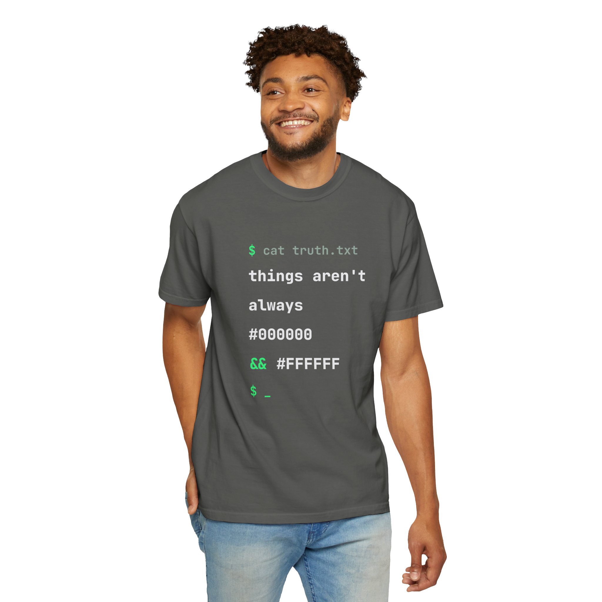 cat truth.txt T-shirt in Pepper, worn by a man, second model