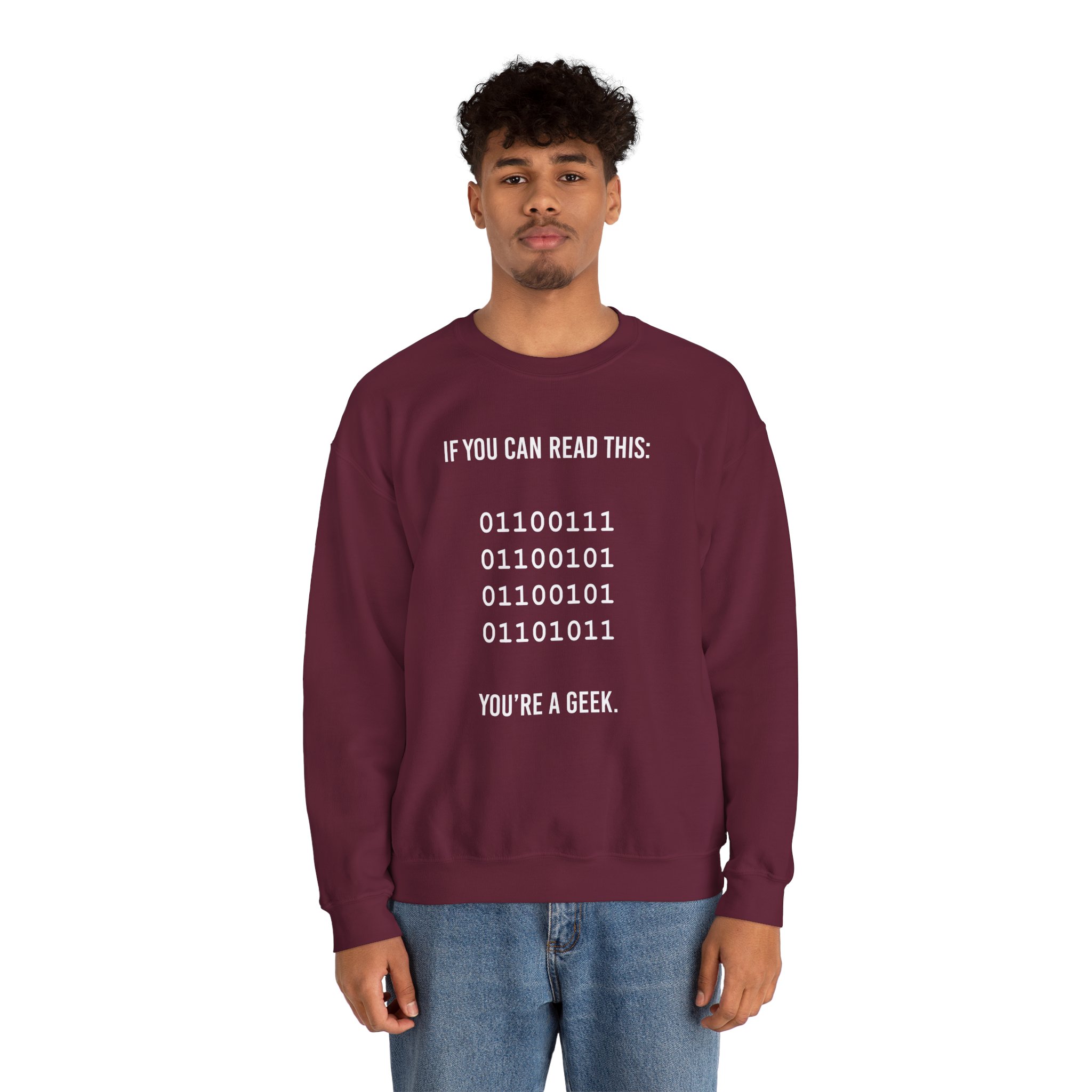 Geek Binary Code crewneck sweatshirt in Maroon, worn by a model, second view