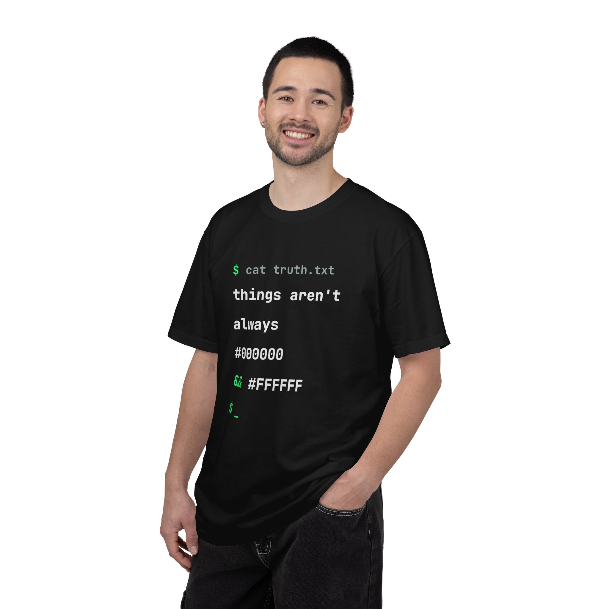 cat truth.txt T-shirt in Black, worn by a man