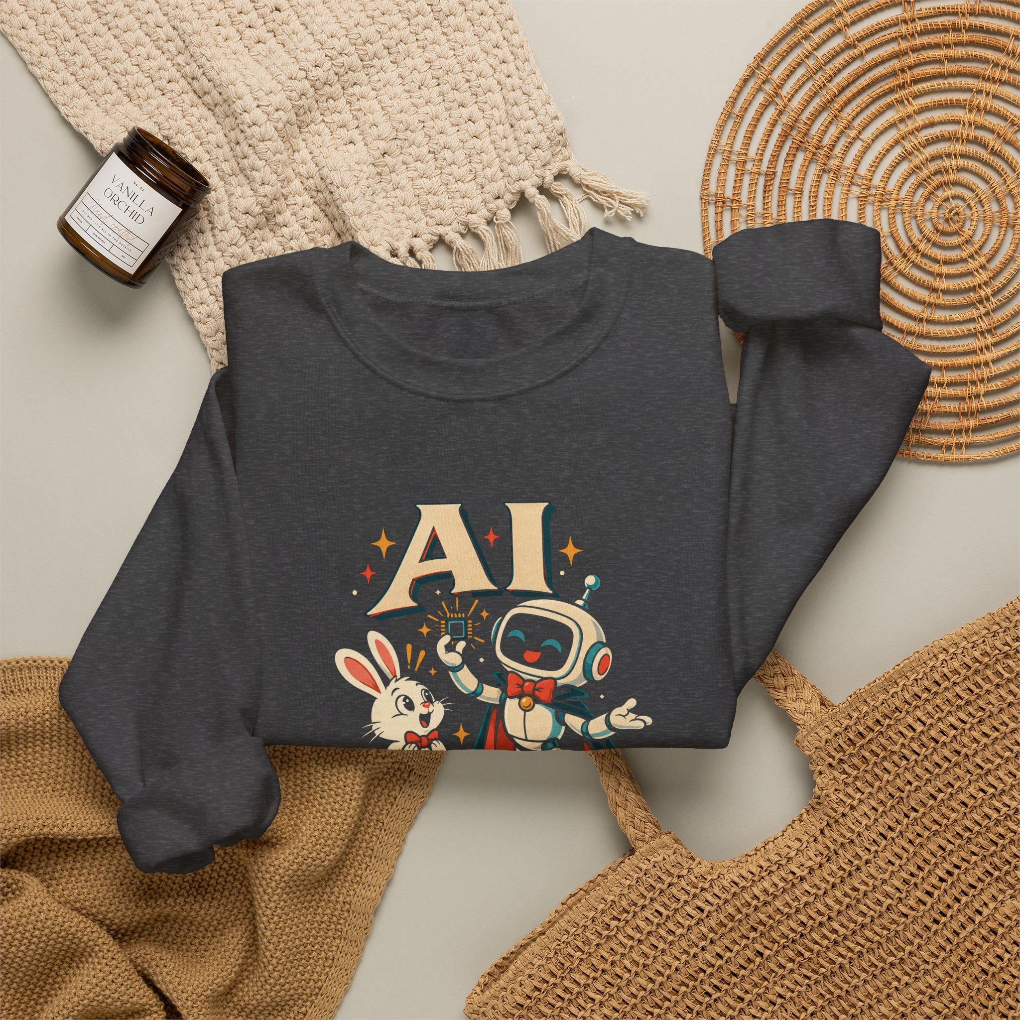 AI Magic Bunny crewneck sweatshirt in Dark Heather, folded 2