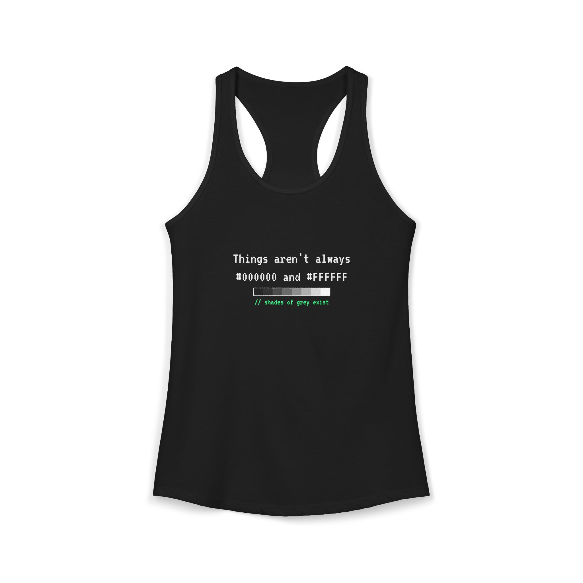 Shades of Grey Exist women's racerback tank in Solid Black, front 2