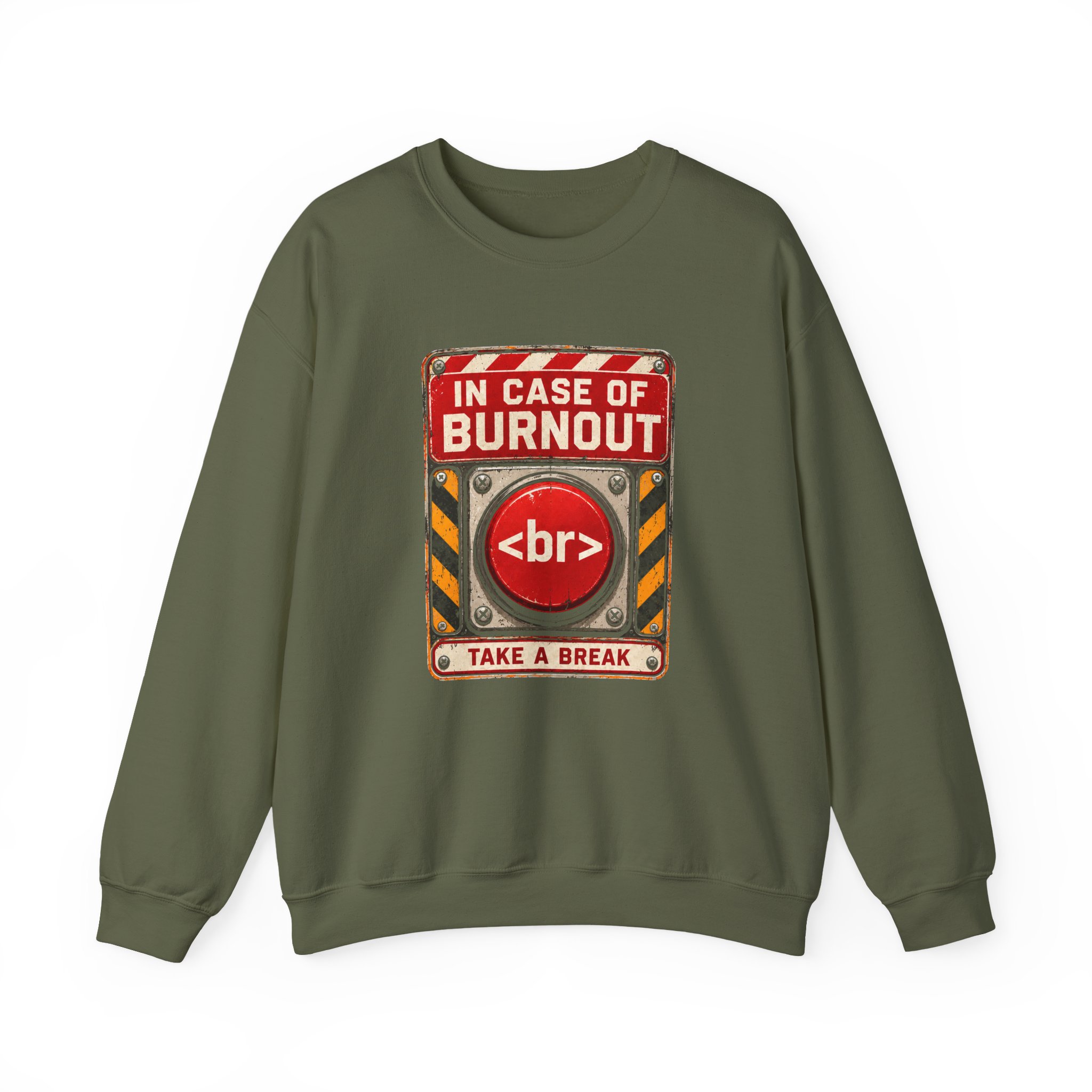 In Case of Burnout crewneck sweatshirt in Military Green, front view
