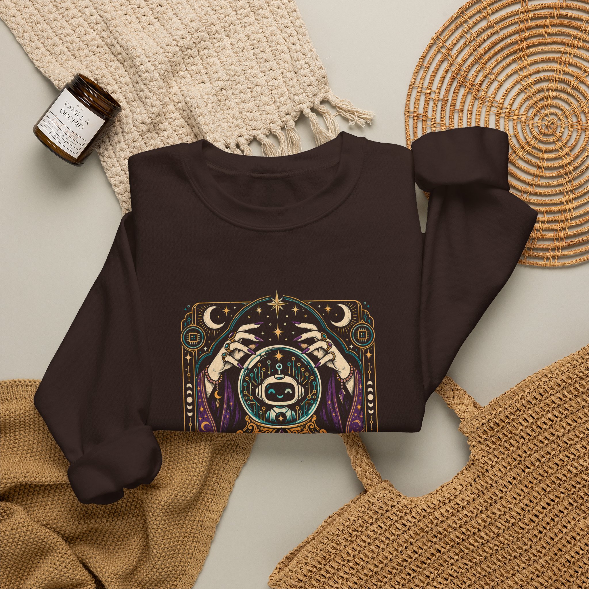 AI Magic Crystal Ball crewneck sweatshirt in Dark Chocolate, folded 2