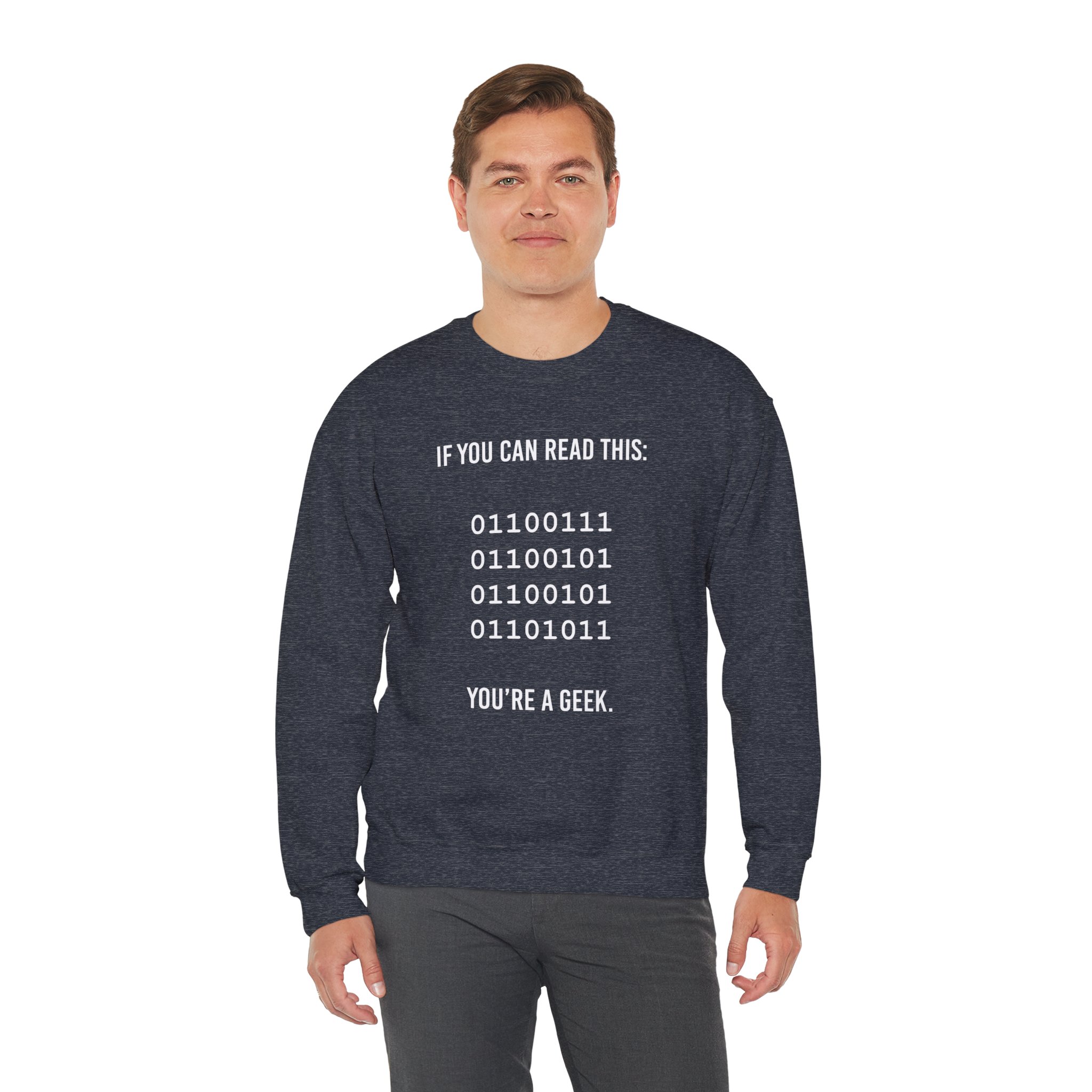 Geek Binary Code crewneck sweatshirt in Heather Sport Dark Navy, worn by a model, third view