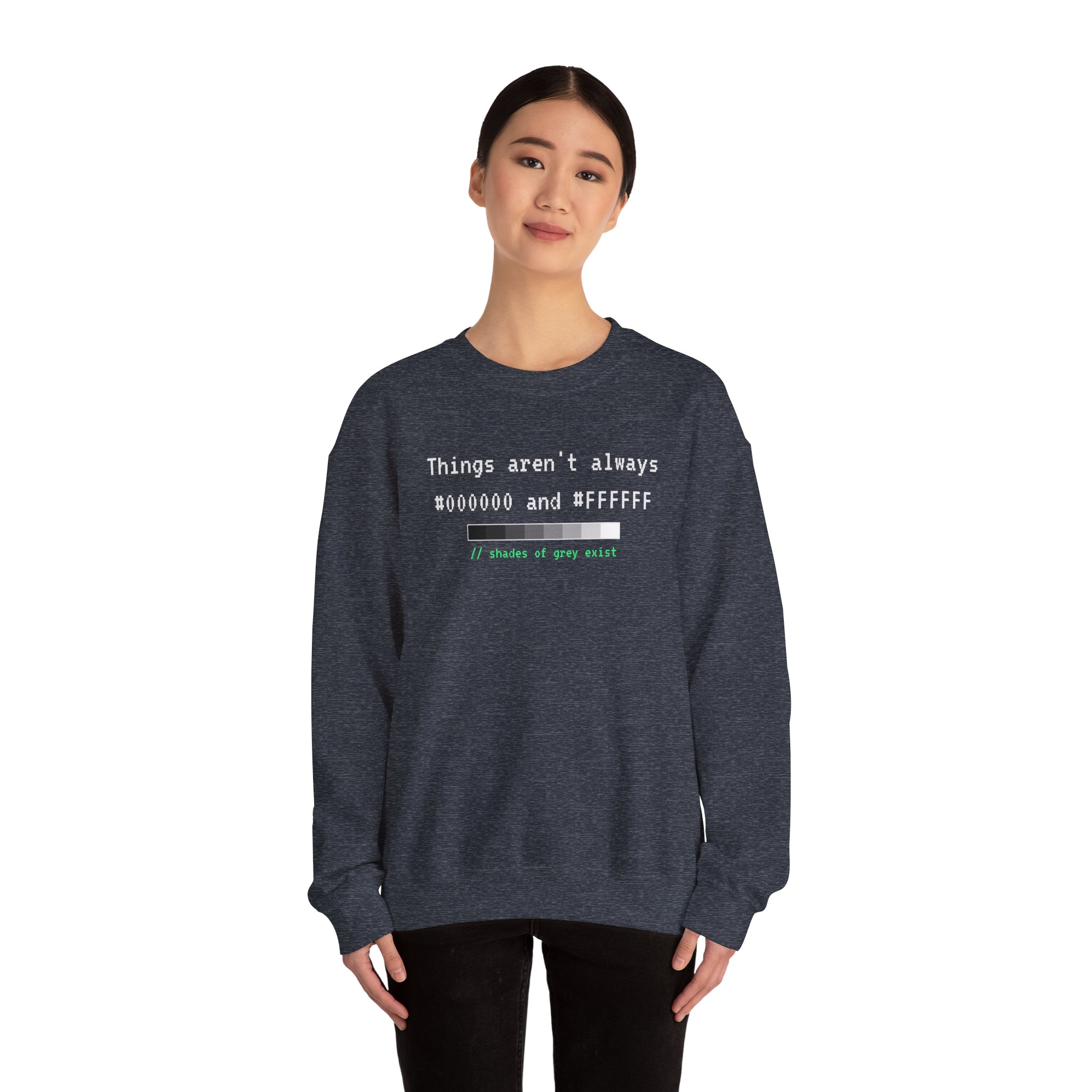 Shades of Grey Exist crewneck sweatshirt in Heather Sport Dark Navy, worn by a model