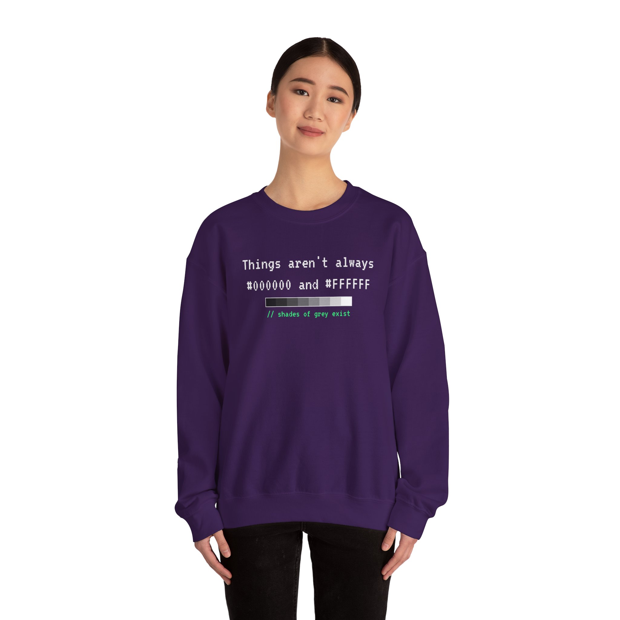 Shades of Grey Exist crewneck sweatshirt in Purple, worn by a model