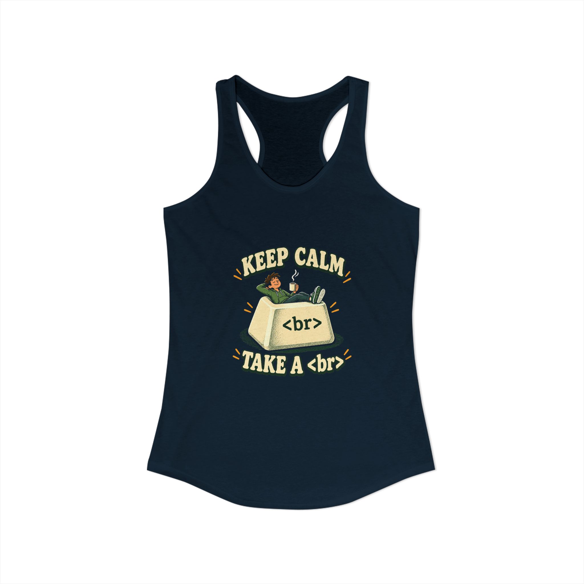 Keep Calm Keycap women's racerback tank in Solid Midnight Navy, front view