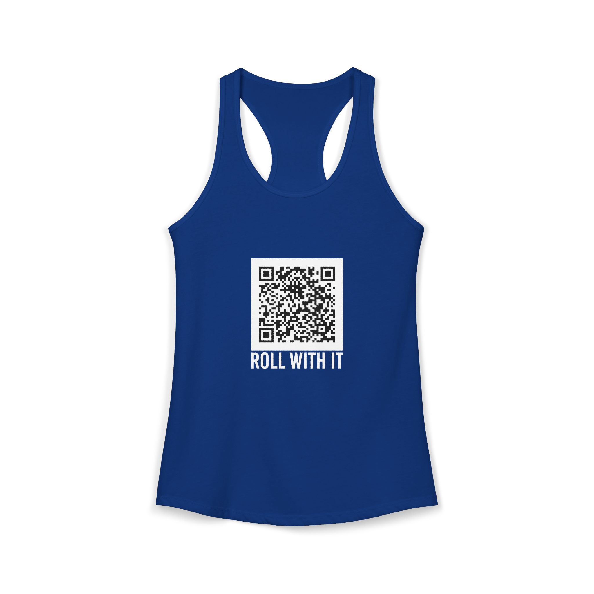 Roll With It QR Code women's racerback tank in Solid Royal, front 2