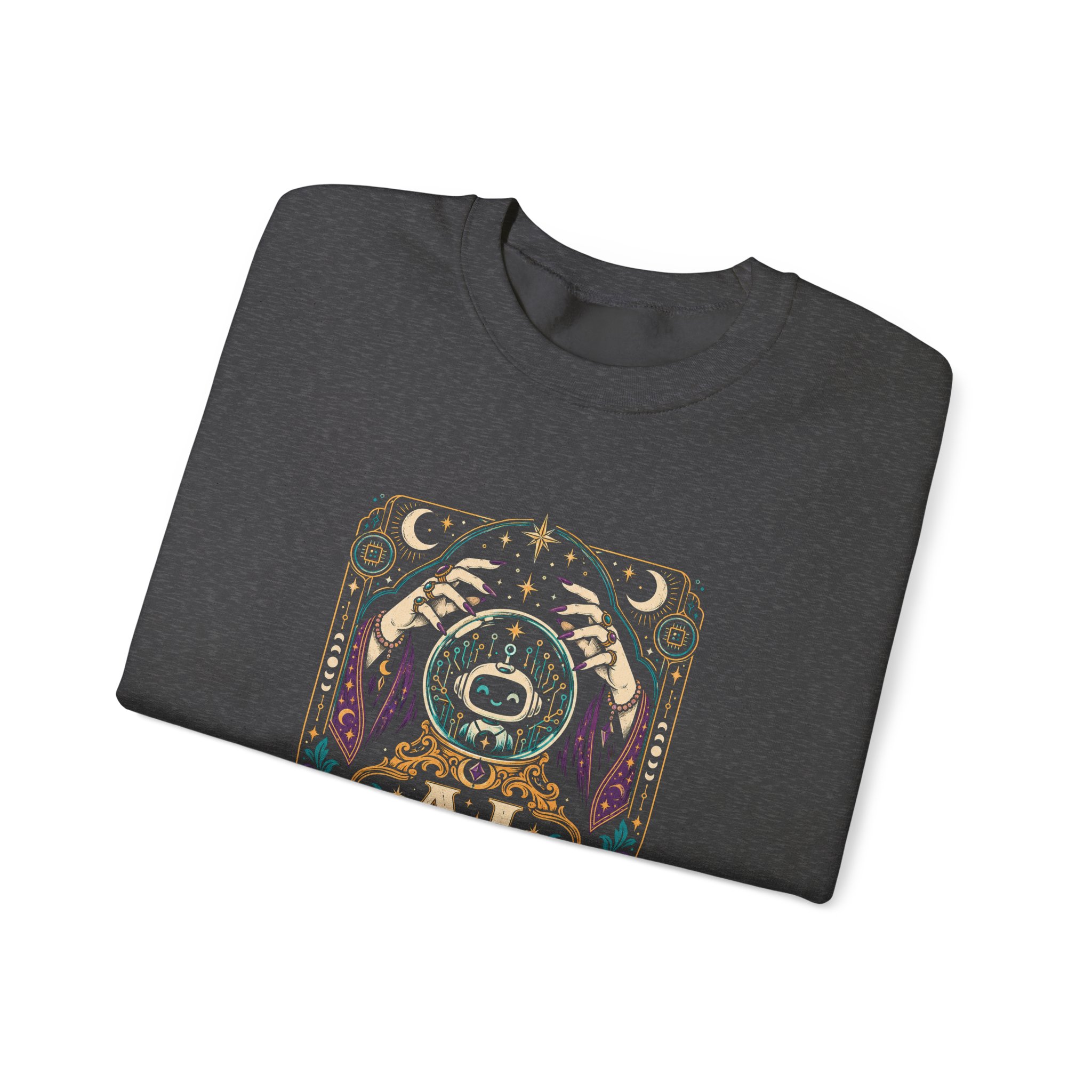 AI Magic Crystal Ball crewneck sweatshirt in Dark Heather, folded