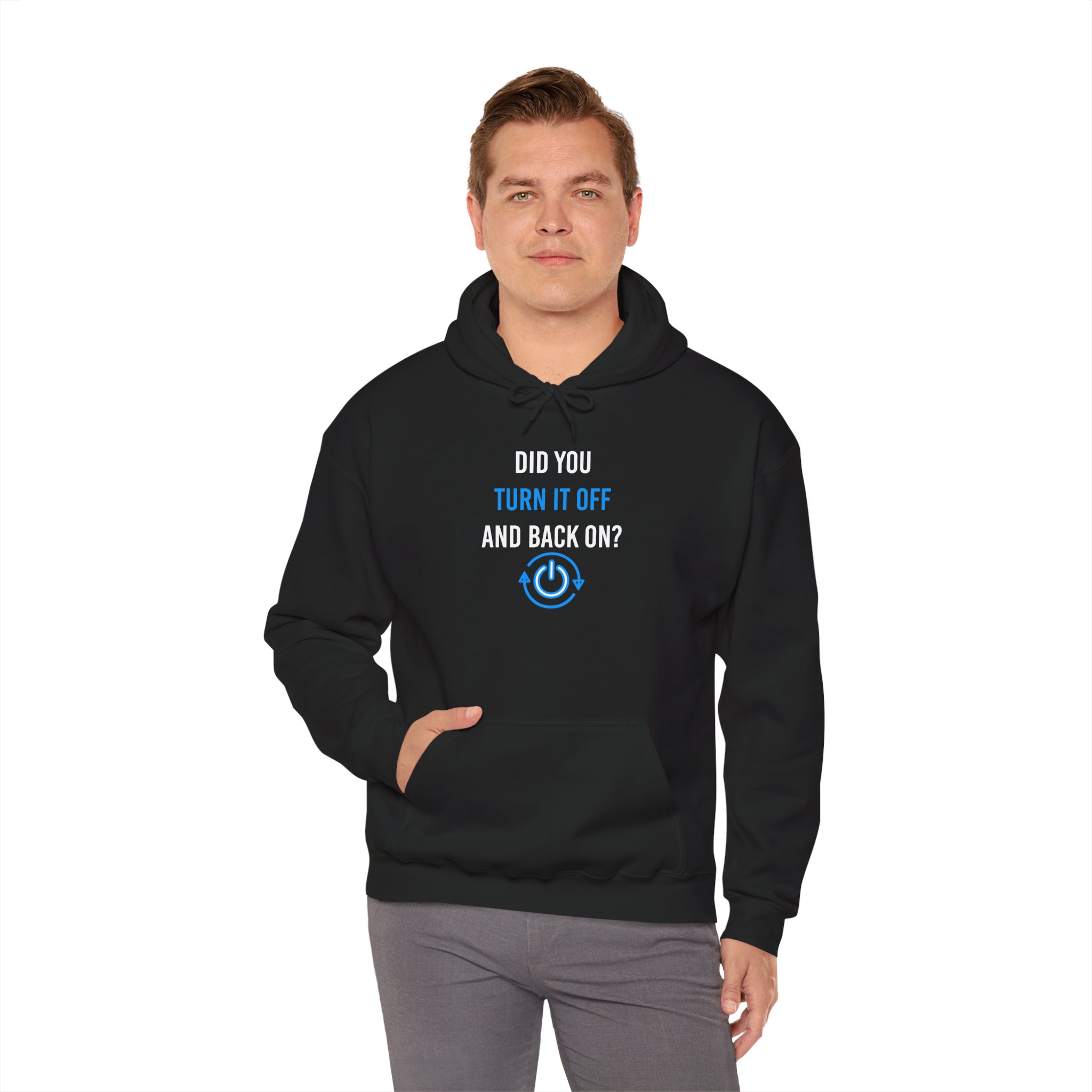 Did You Turn It Off and Back On? hoodie in Black, worn by a model, fourth view