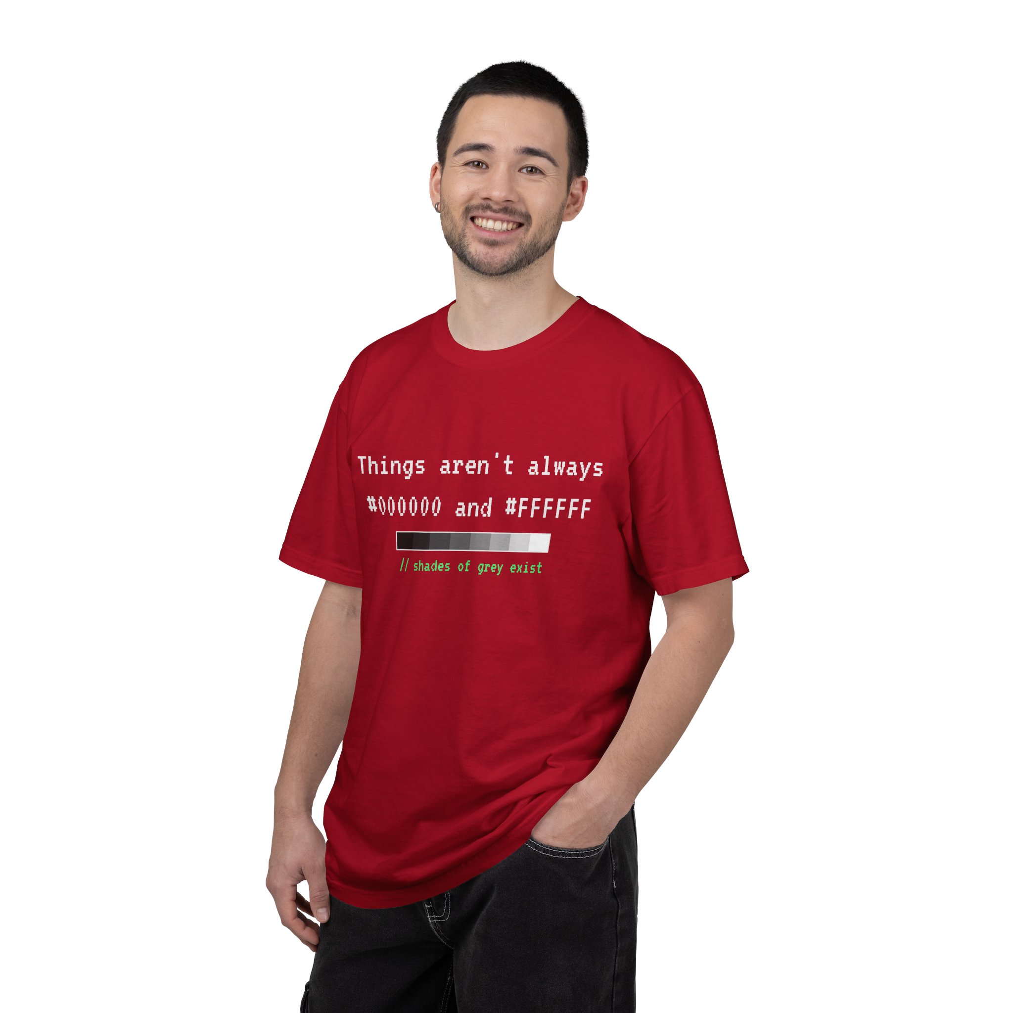 Shades of Grey Exist T-shirt in Red, worn by a man