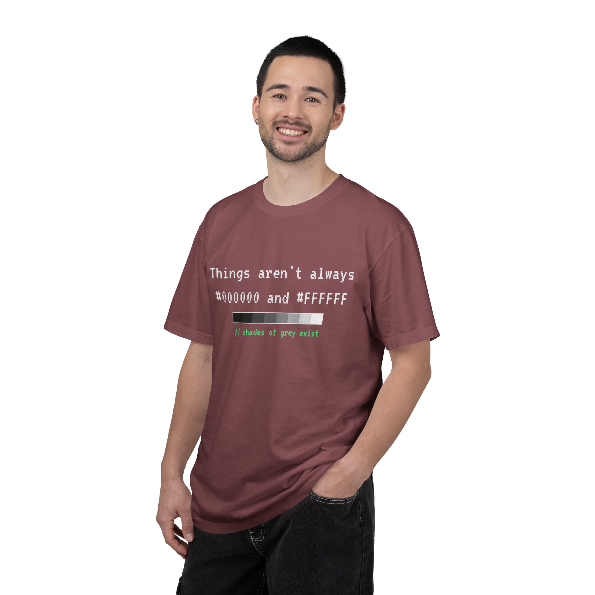 Shades of Grey Exist T-shirt in Brick, worn by a man