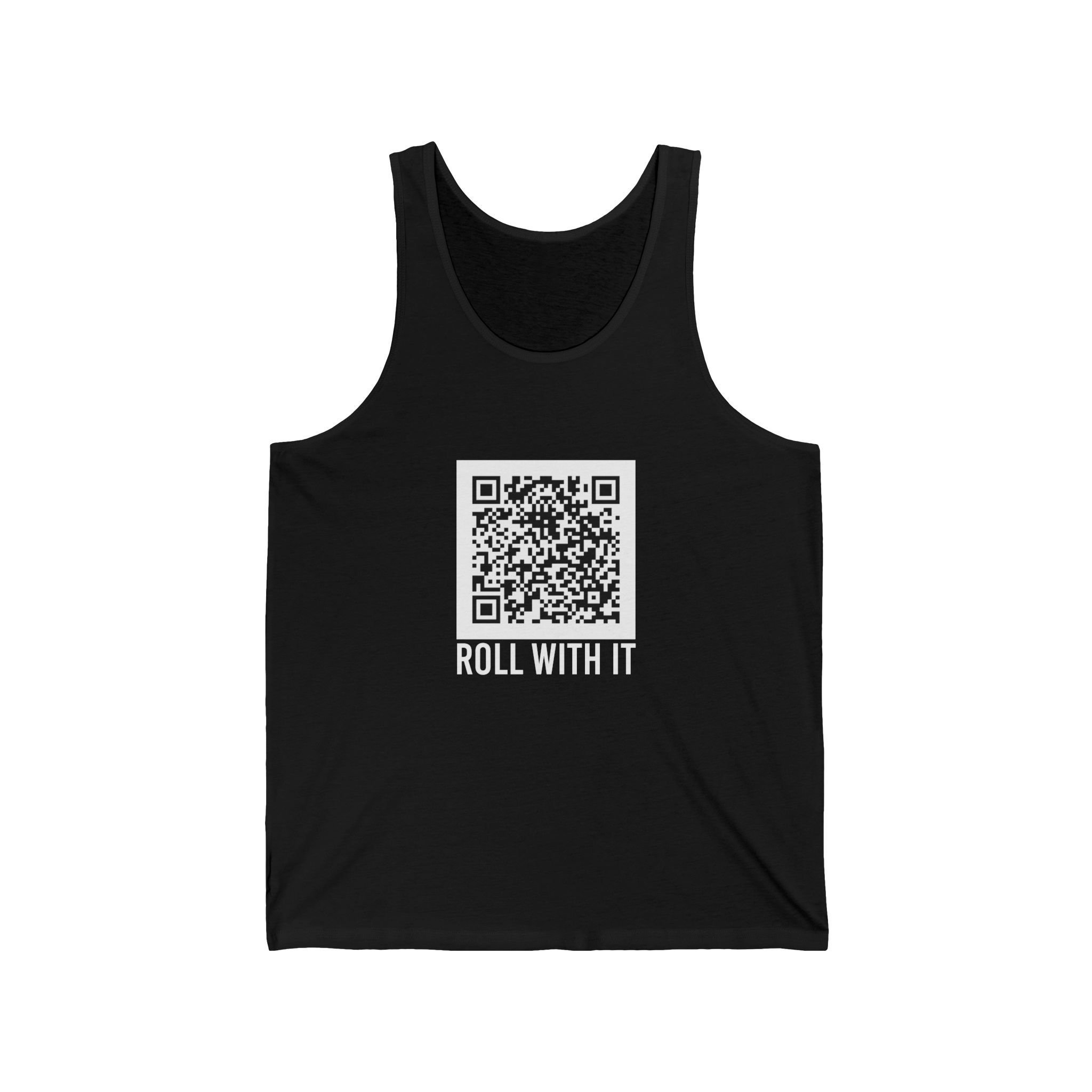 Roll With It QR Code unisex tank in Black, front view