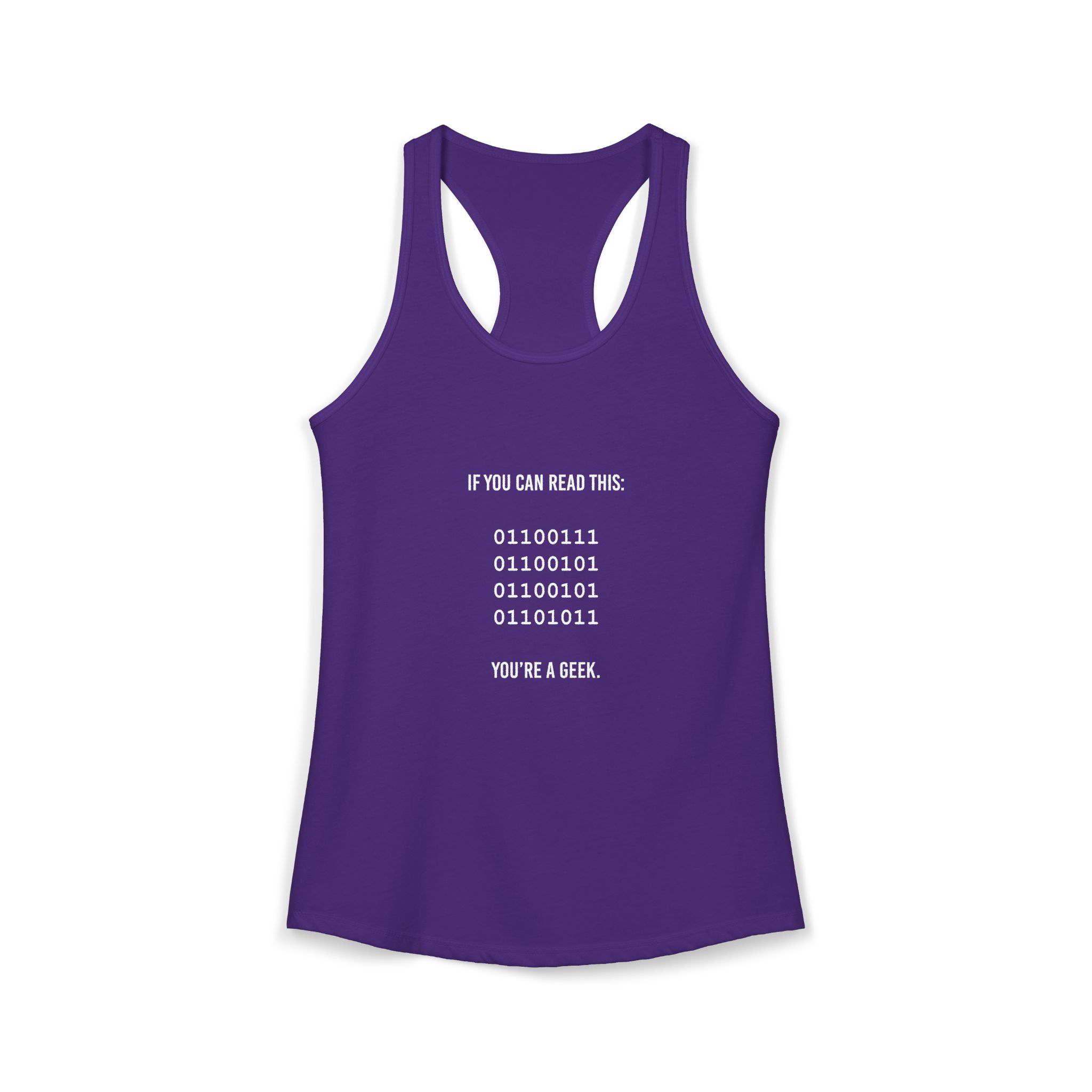 Geek Binary Code women's racerback tank in Solid Purple Rush, front 2