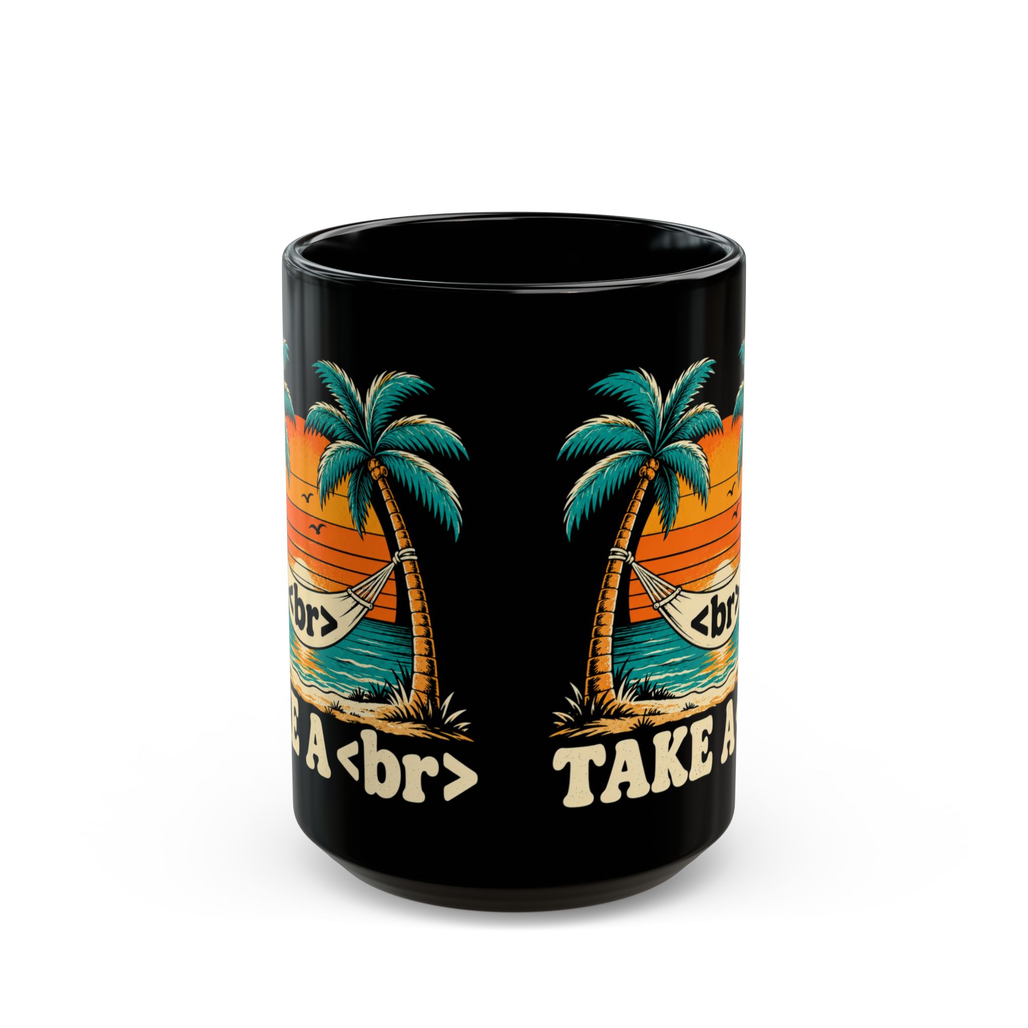 Take a Break Hammock black mug, 15 oz, front view