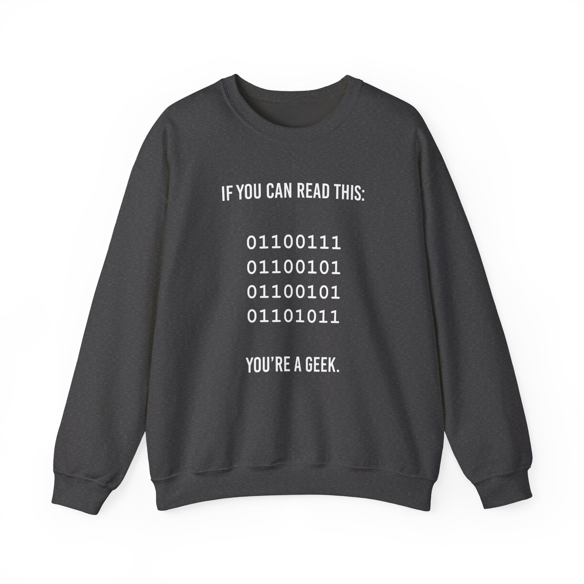 Geek Binary Code crewneck sweatshirt in Dark Heather, front view