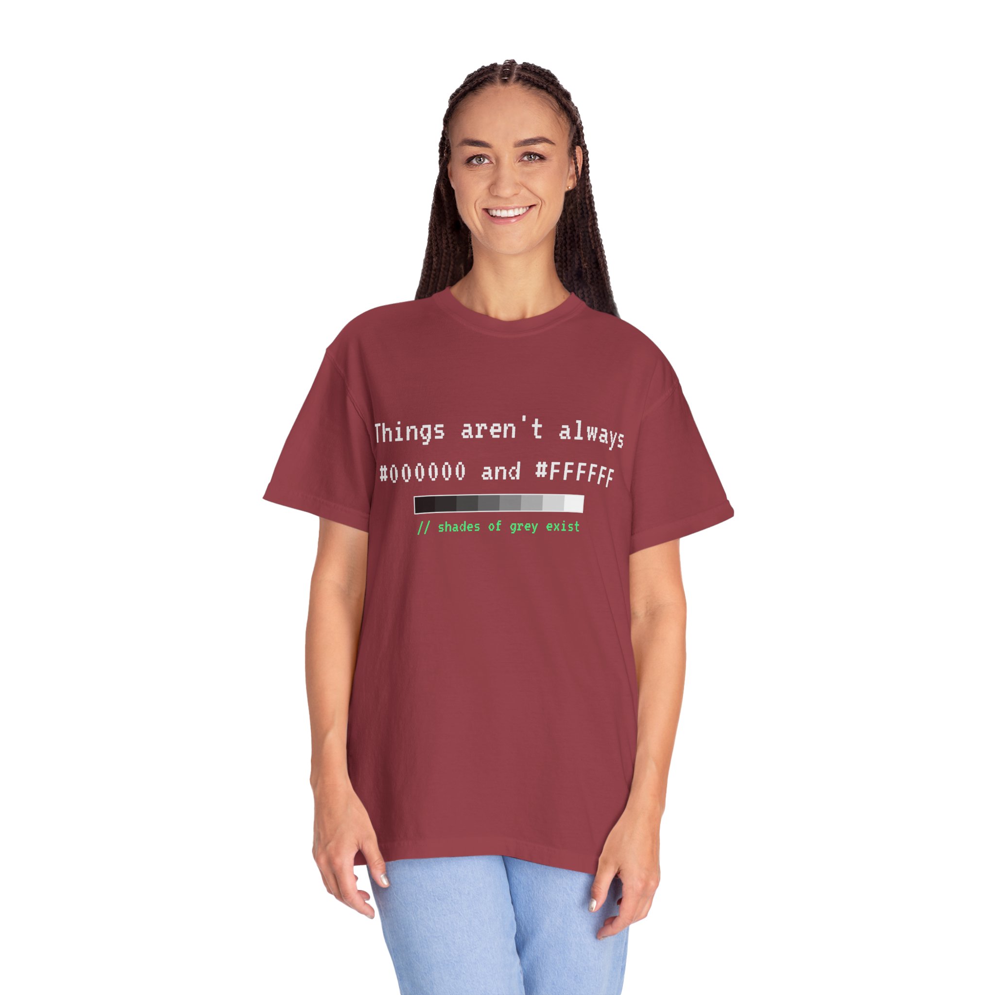 Shades of Grey Exist T-shirt in Chili, worn by a woman