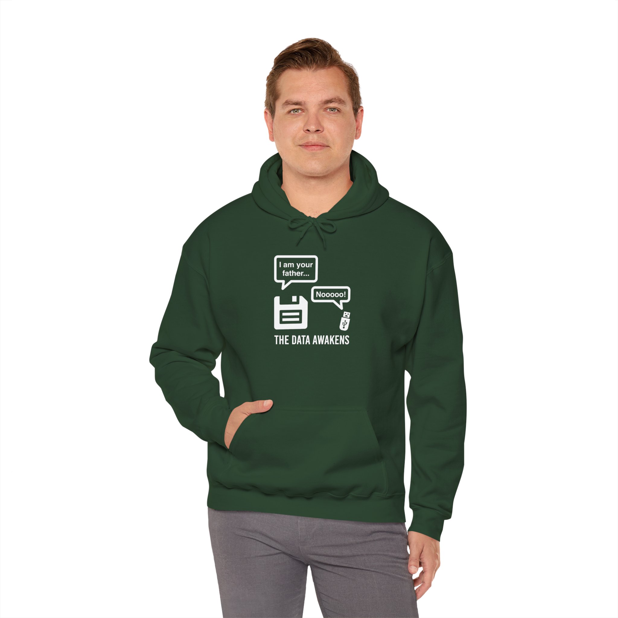 The Data Awakens hoodie in Forest Green, worn by a model, fourth view