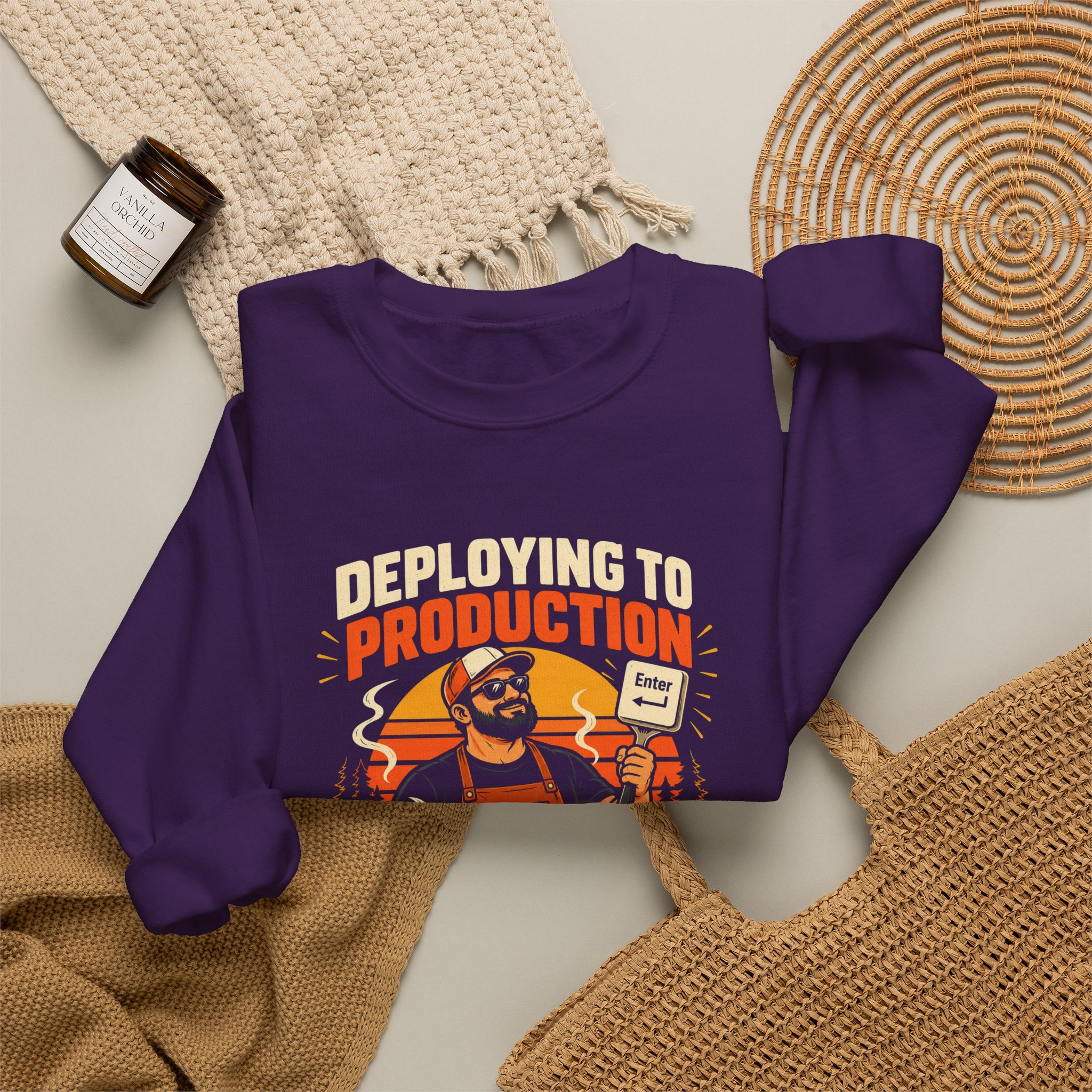 Deploying to Production crewneck sweatshirt in Purple, folded 2