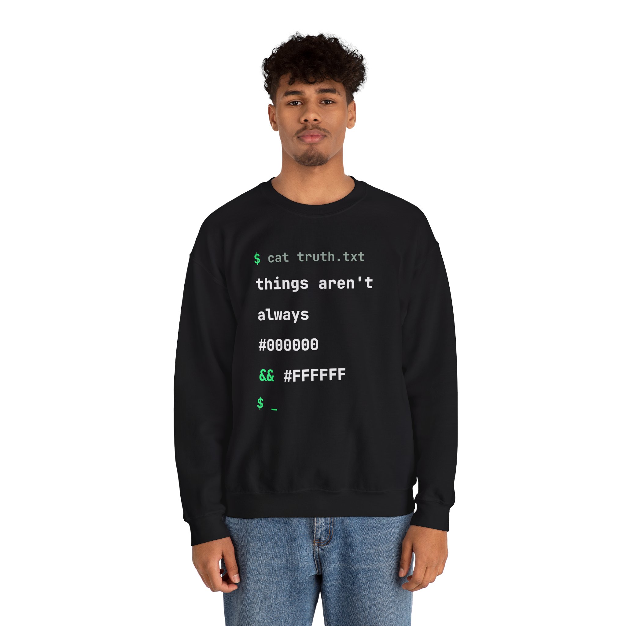 cat truth.txt crewneck sweatshirt in Black, worn by a model, second view