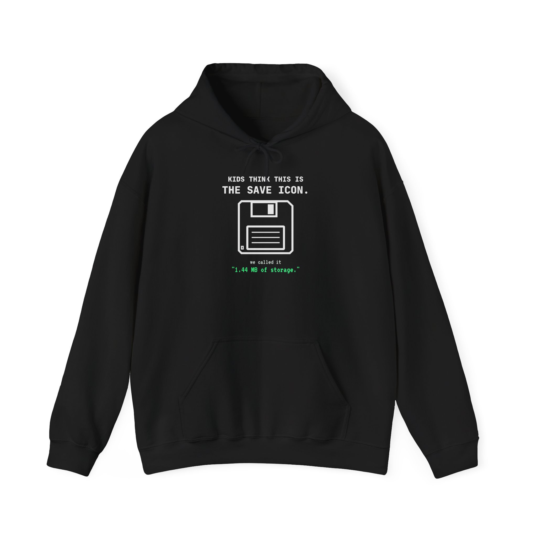 The Original Save Icon hoodie in Black, front view
