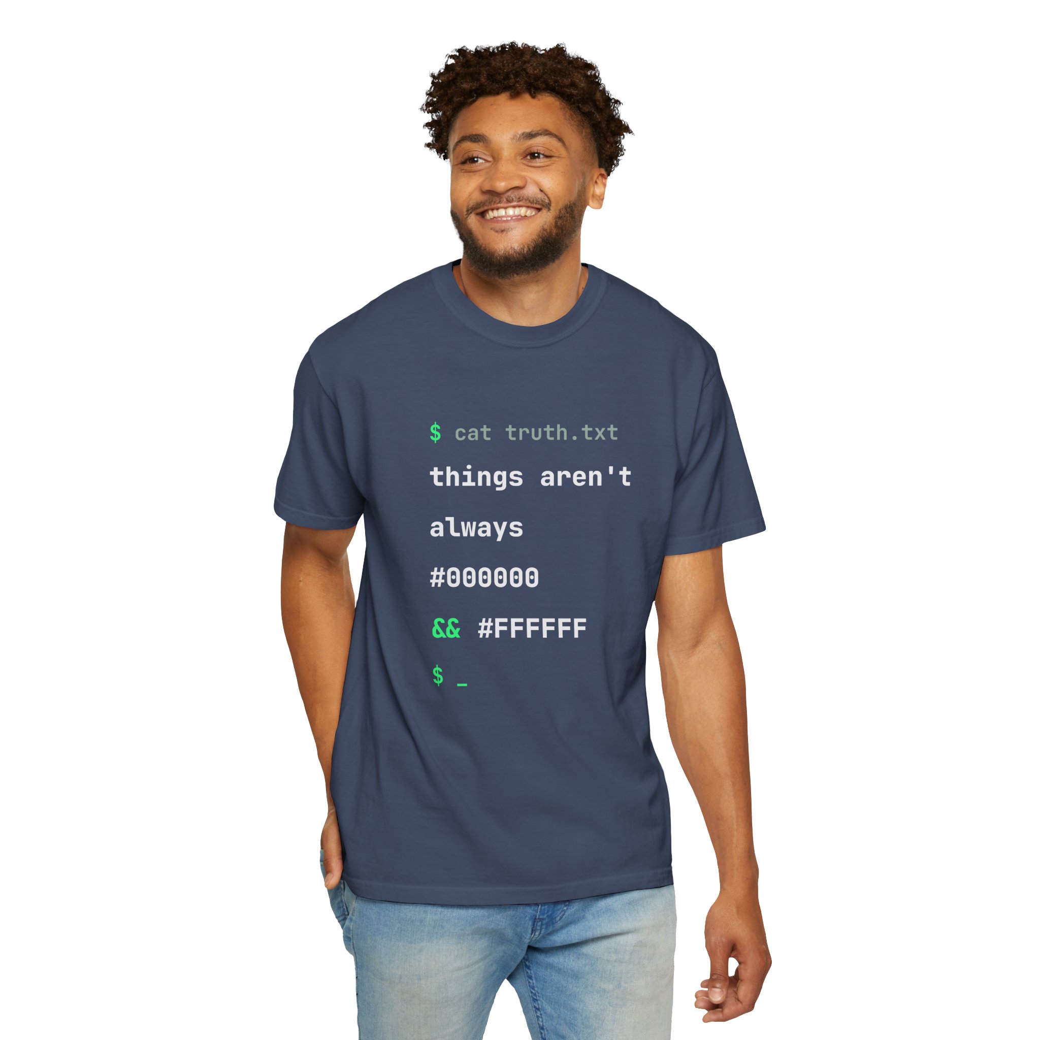 cat truth.txt T-shirt in Midnight, worn by a man, second model