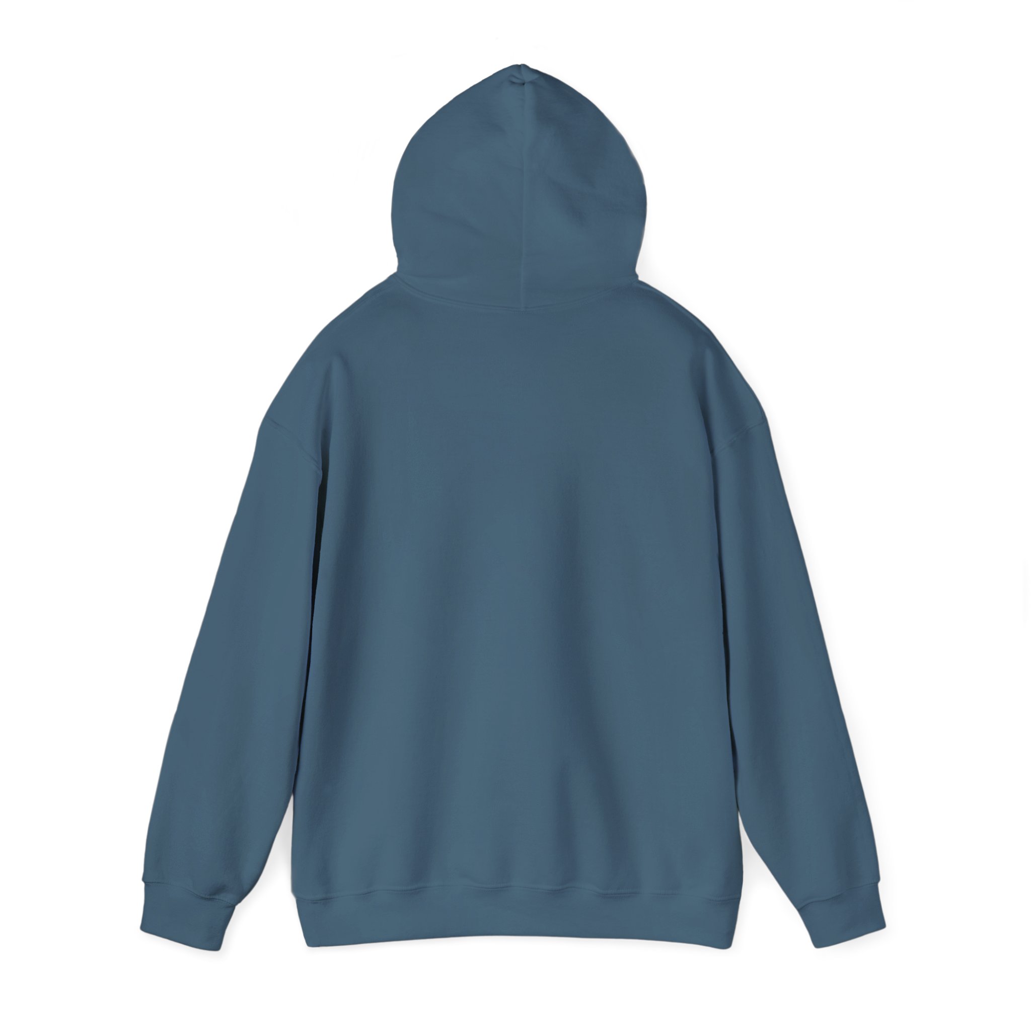 In Case of Burnout hoodie in Indigo Blue, back view, second angle