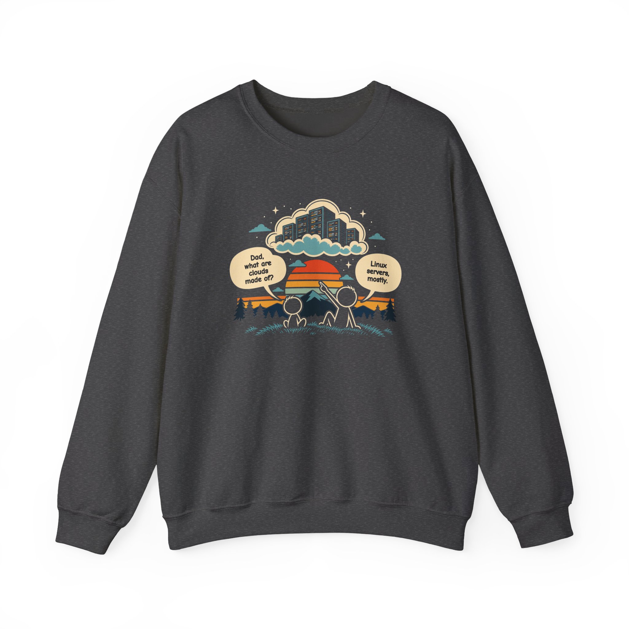 Linux Clouds crewneck sweatshirt in Dark Heather, front view