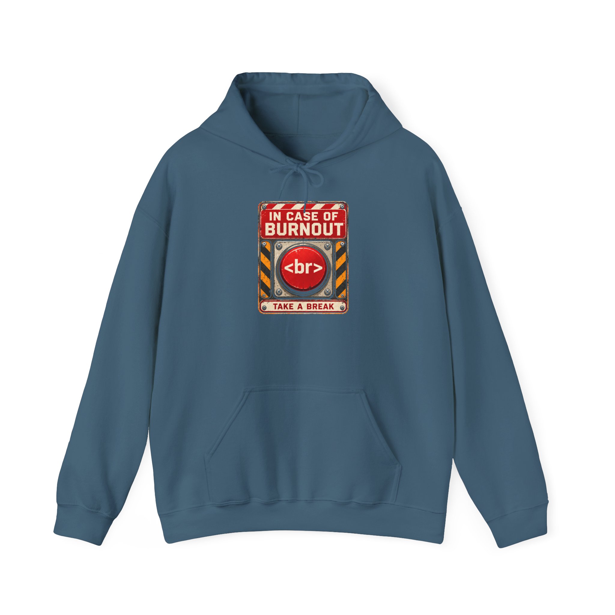 In Case of Burnout hoodie in Indigo Blue, front view