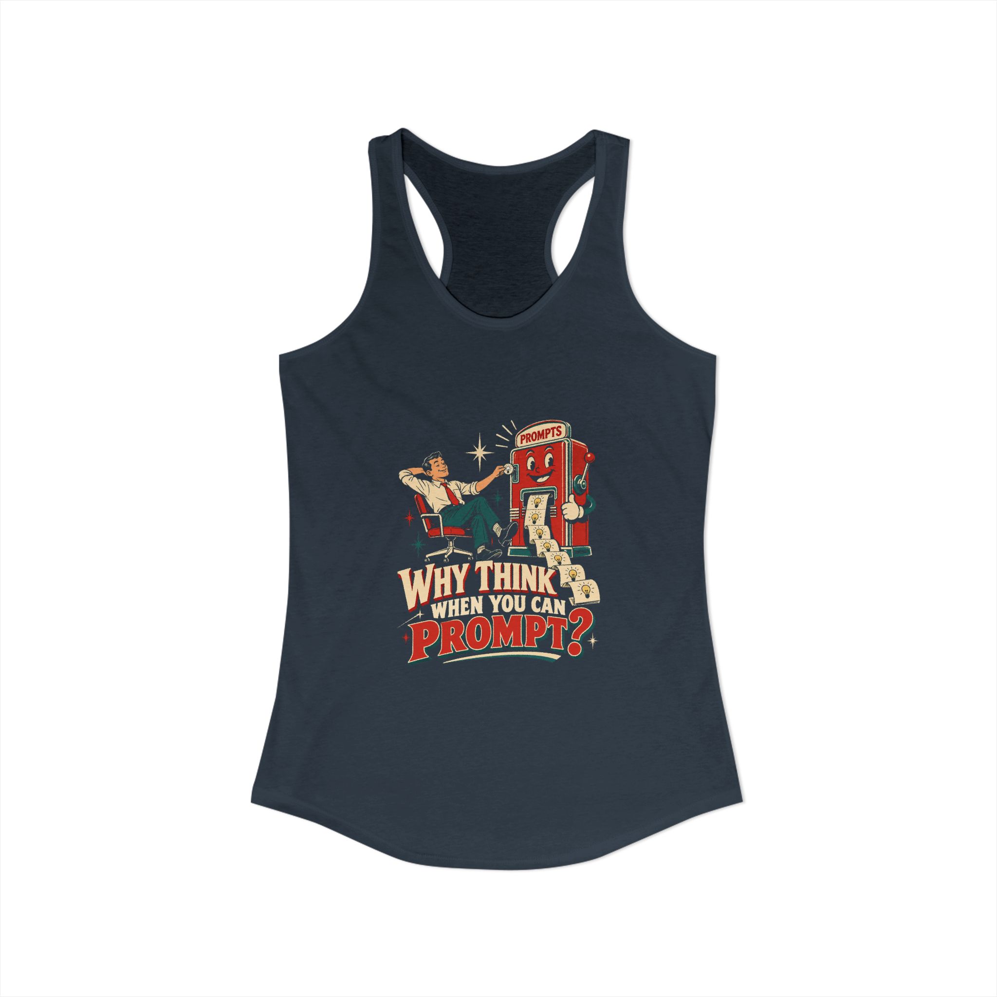 Prompt Machine women's racerback tank in Solid Indigo, front view