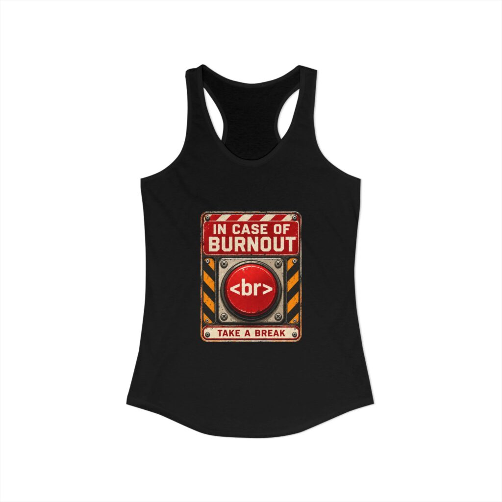 In Case of Burnout women's racerback tank in Solid Black, front view