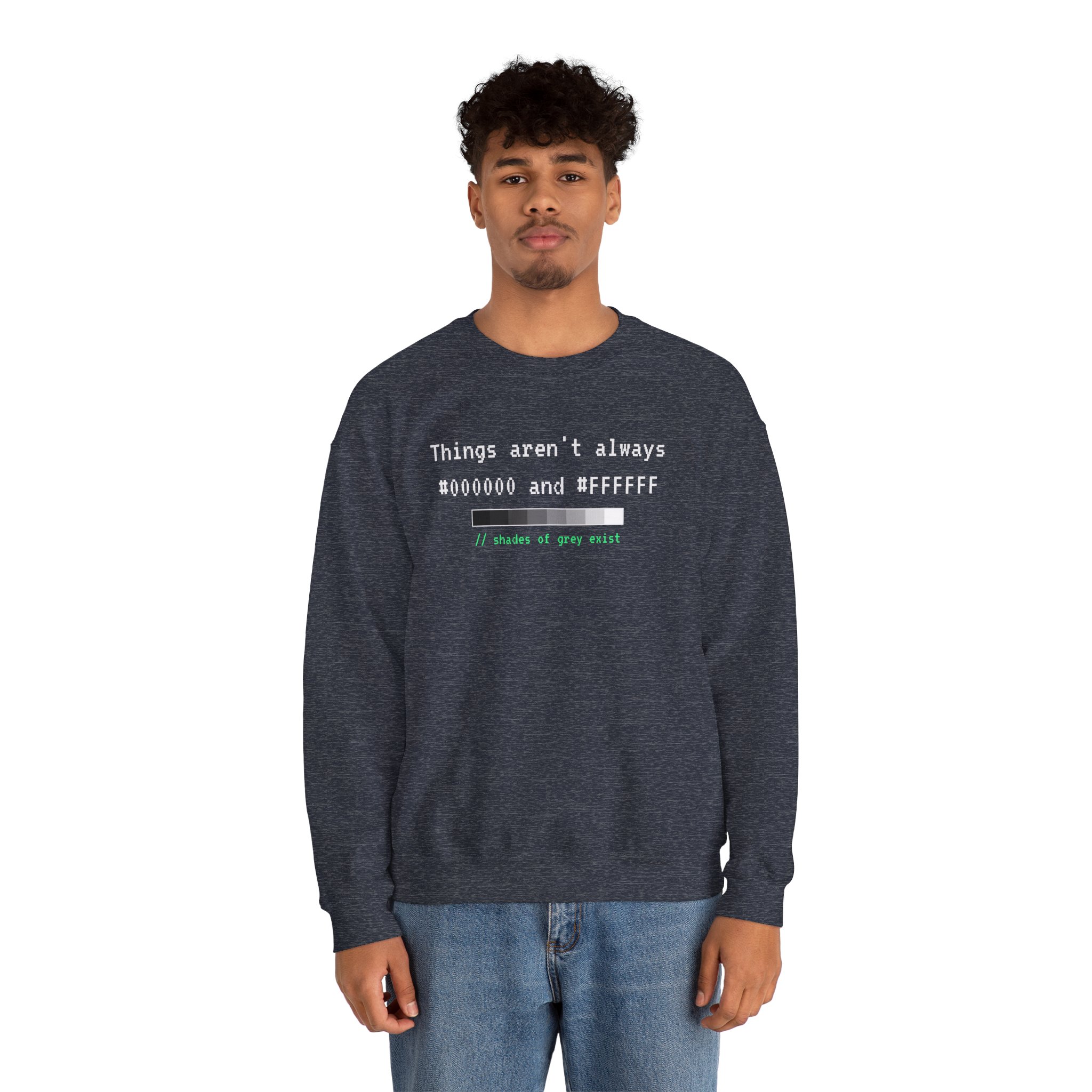 Shades of Grey Exist crewneck sweatshirt in Heather Sport Dark Navy, worn by a model, second view