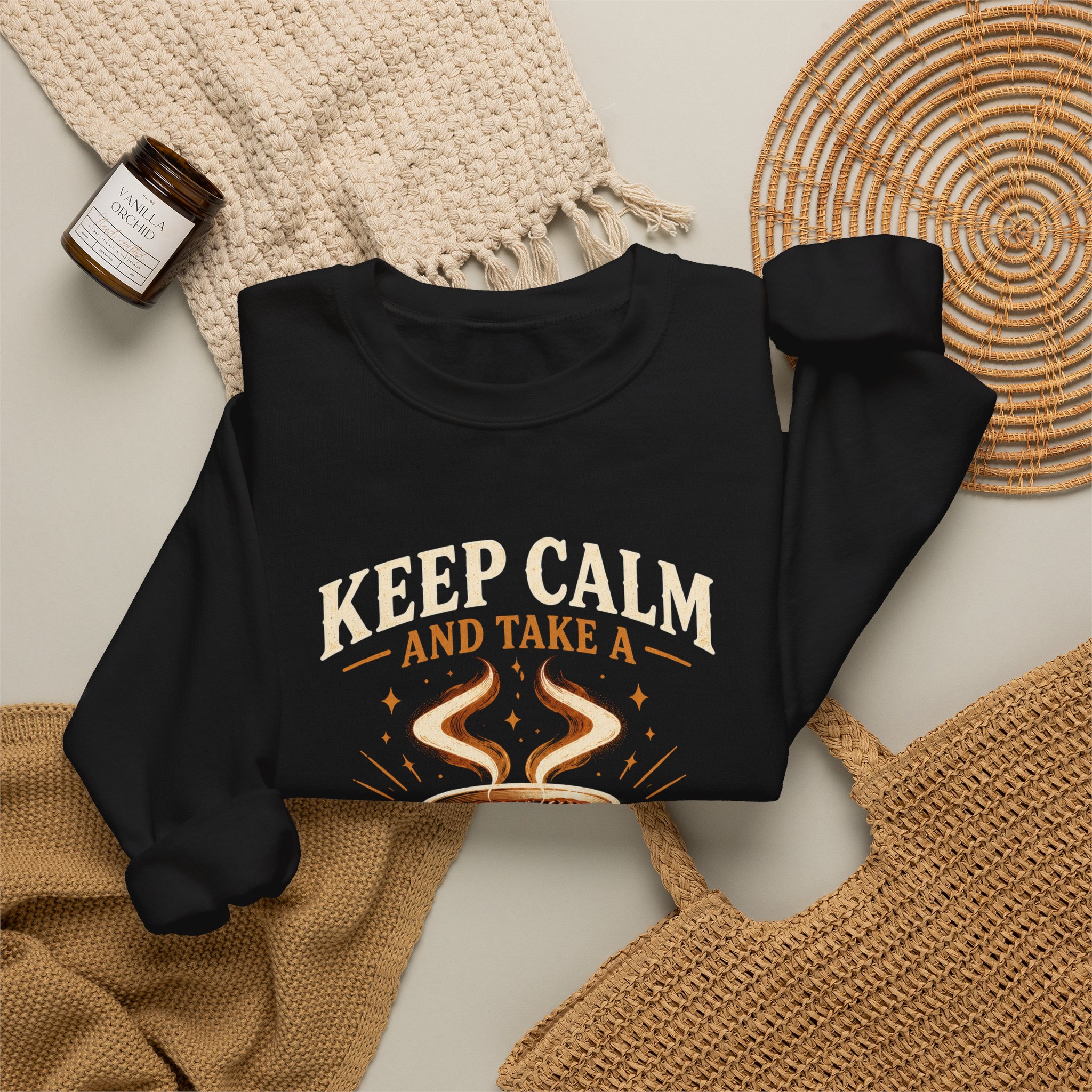 Keep Calm Coffee Break crewneck sweatshirt in Black, folded 2