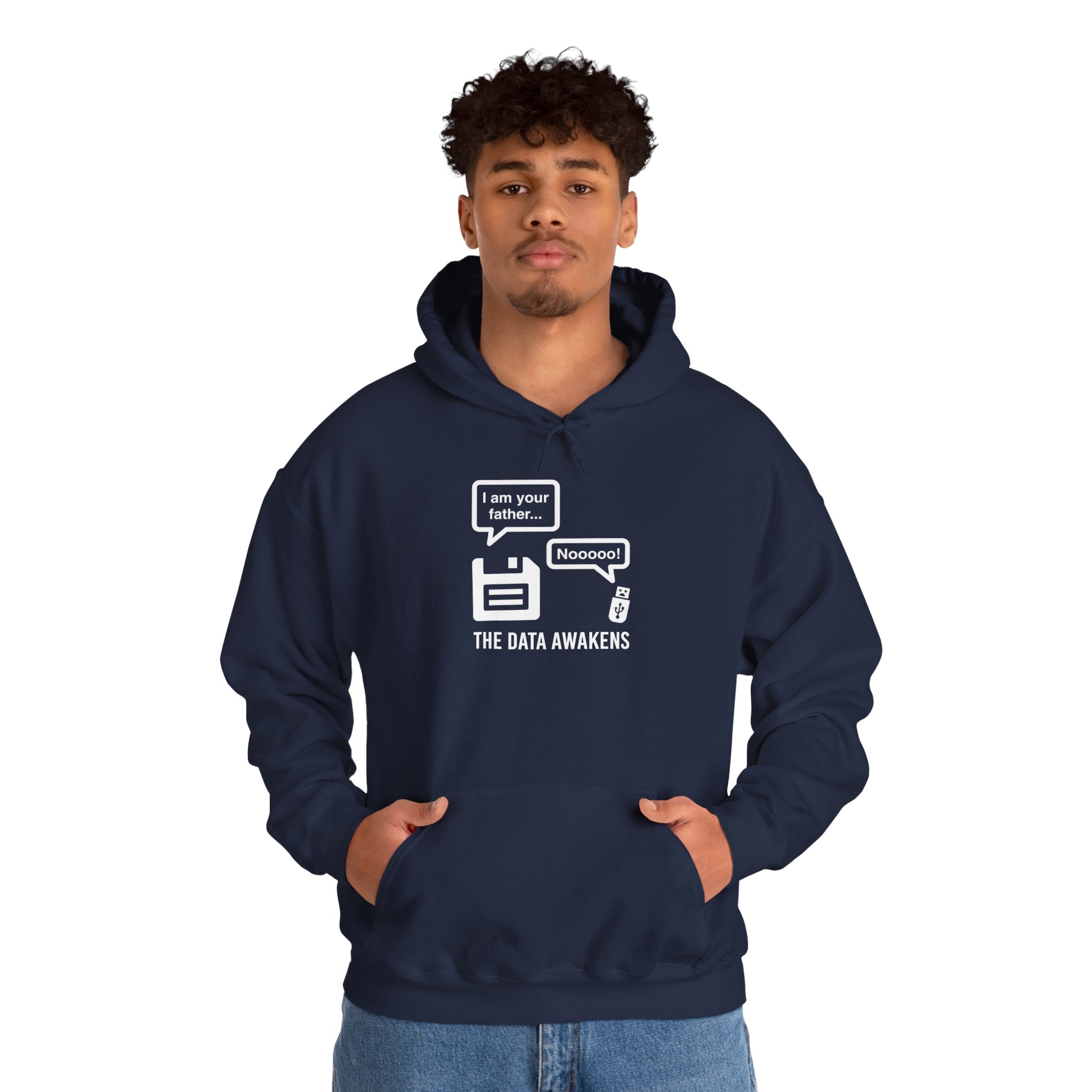The Data Awakens hoodie in Navy, worn by a model, second view