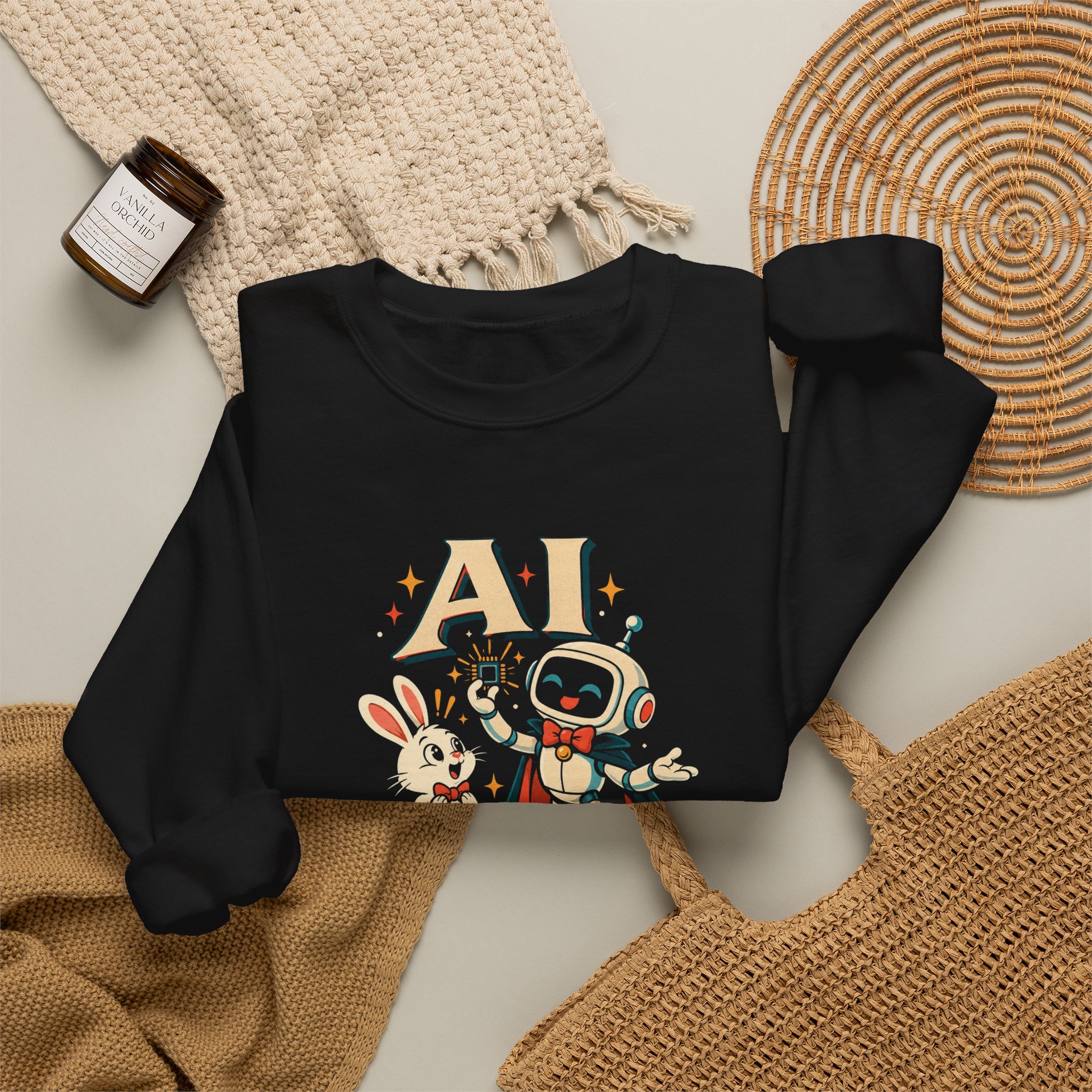 AI Magic Bunny crewneck sweatshirt in Black, folded 2