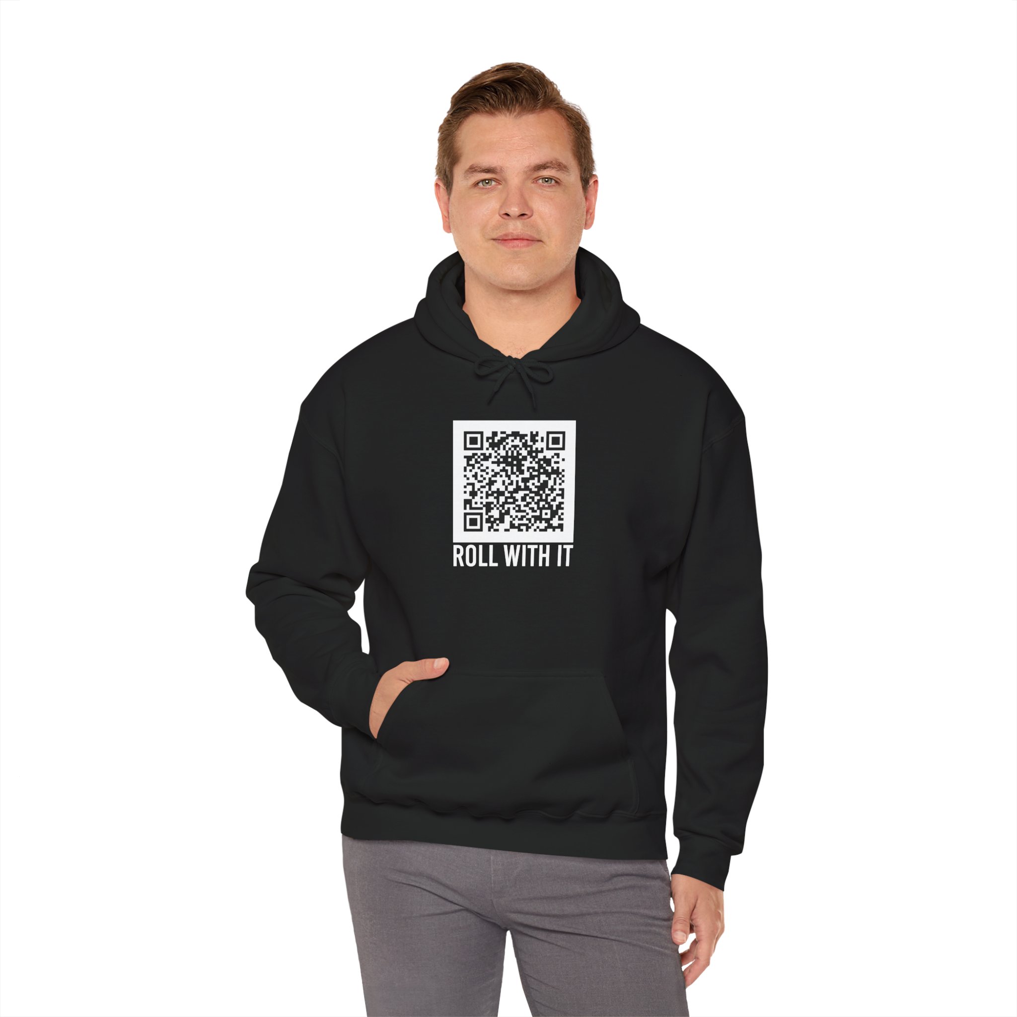 Roll With It QR Code hoodie in Black, worn by a model, fourth view