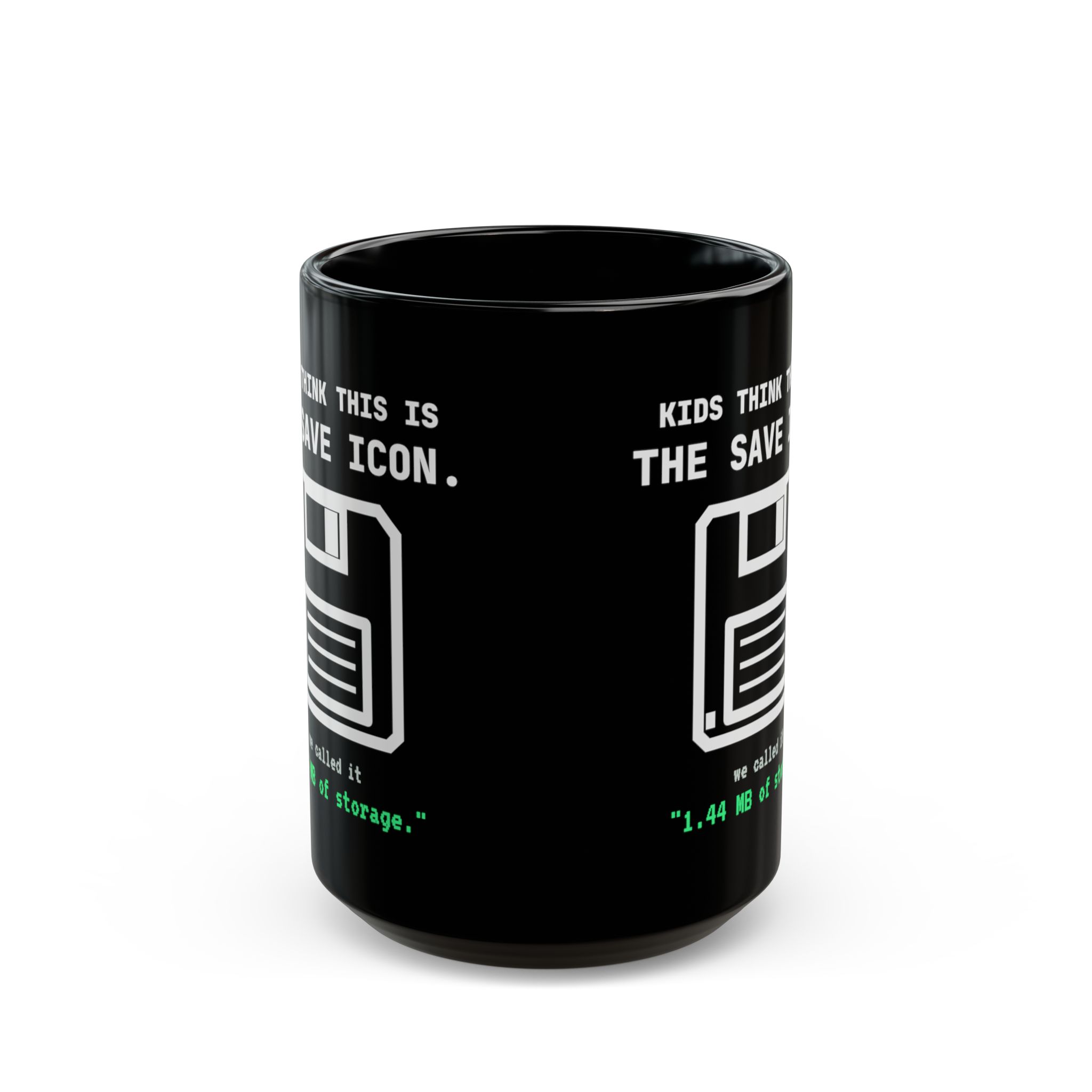 The Original Save Icon black mug, 15 oz, front view
