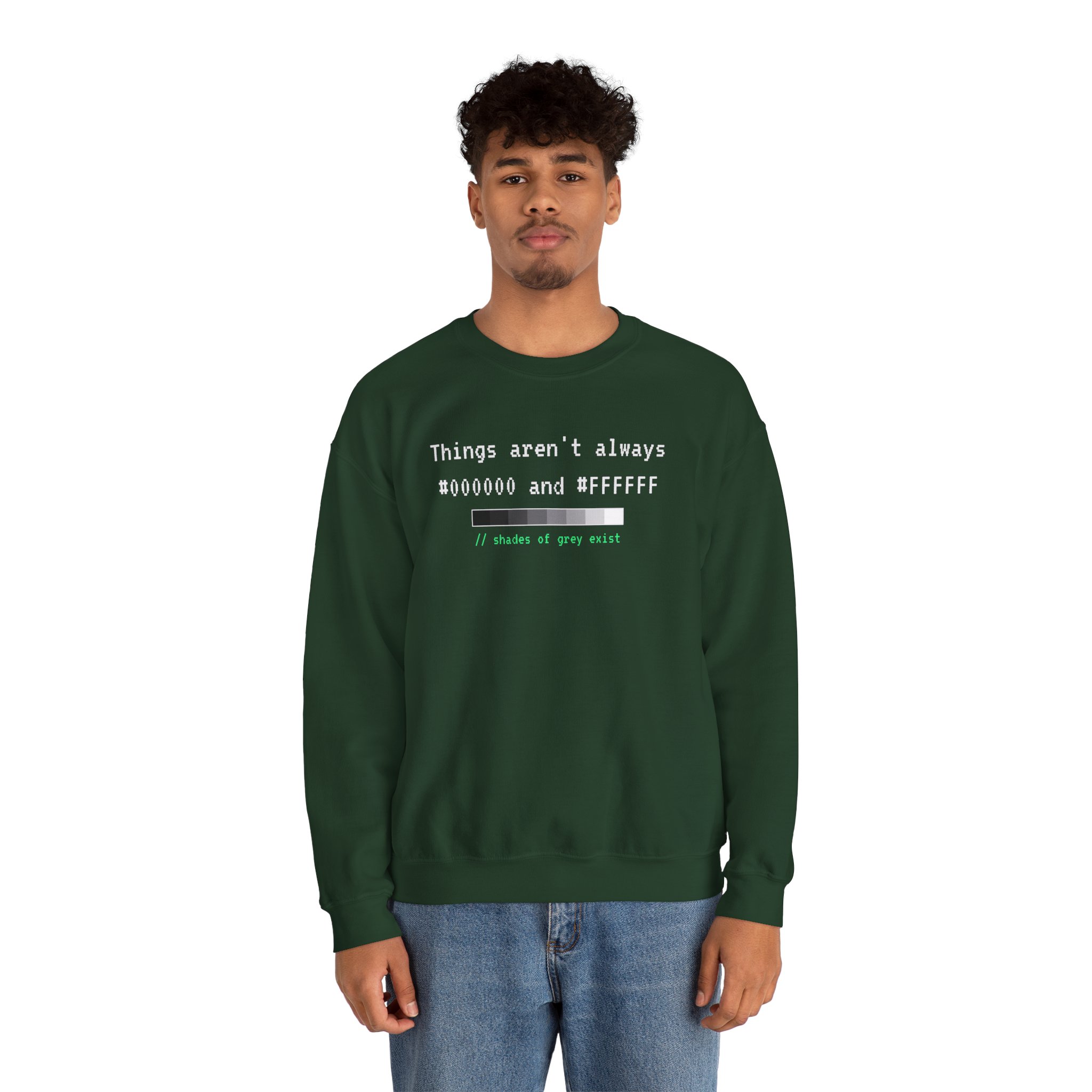 Shades of Grey Exist crewneck sweatshirt in Forest Green, worn by a model, second view
