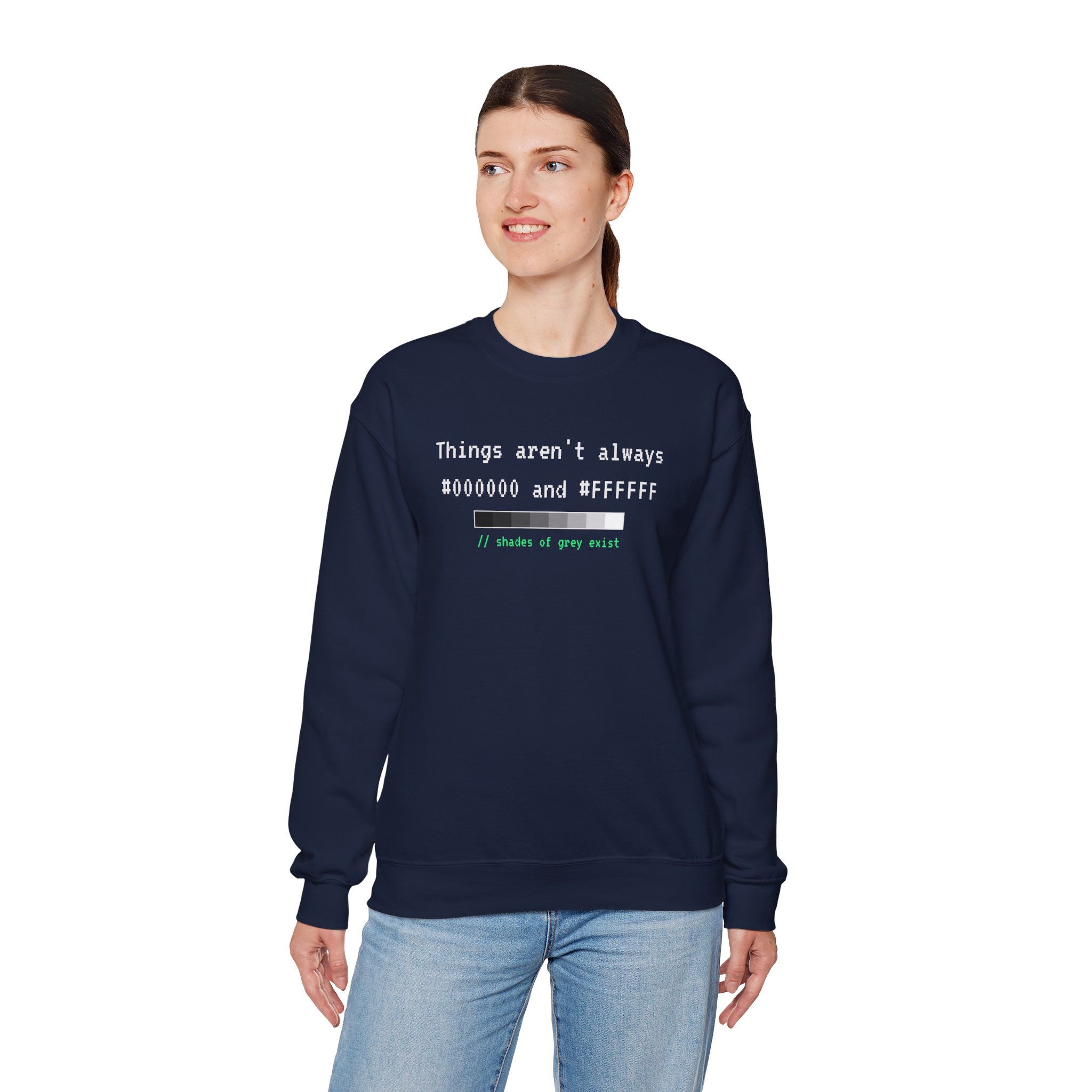 Shades of Grey Exist crewneck sweatshirt in Navy, worn by a model, fourth view