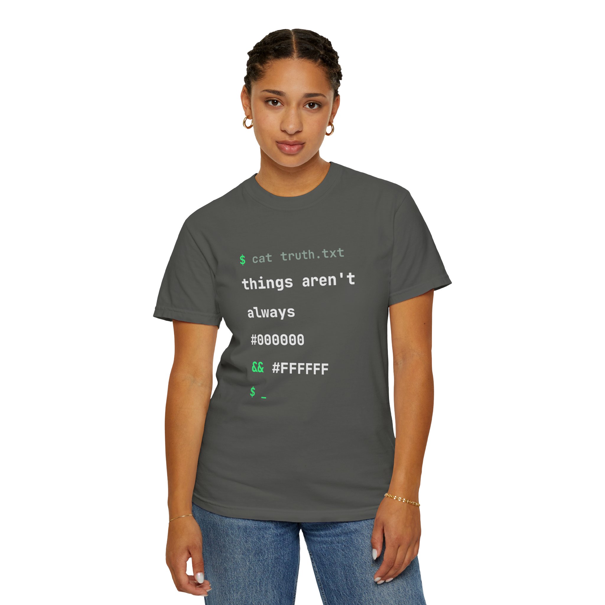 cat truth.txt T-shirt in Pepper, worn by a woman, second model