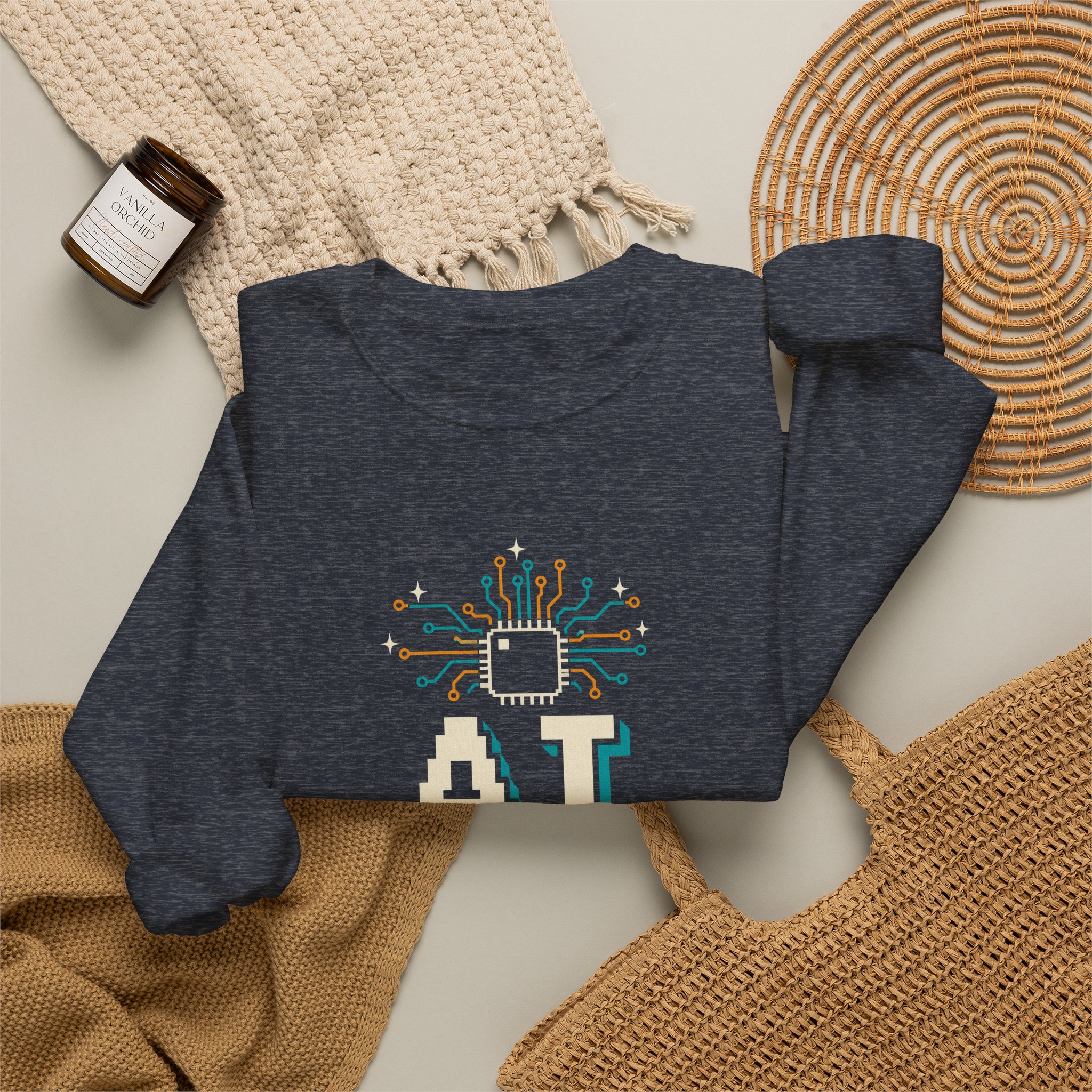 AI Magic Chip crewneck sweatshirt in Heather Sport Dark Navy, folded 2