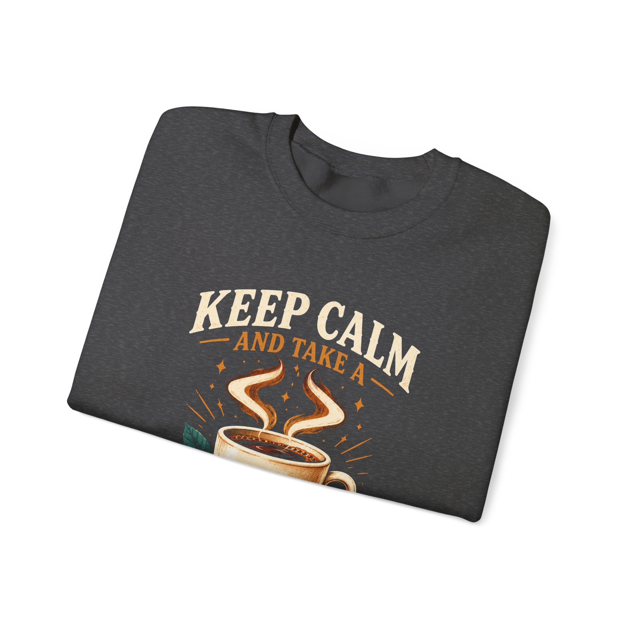 Keep Calm Coffee Break crewneck sweatshirt in Dark Heather, folded
