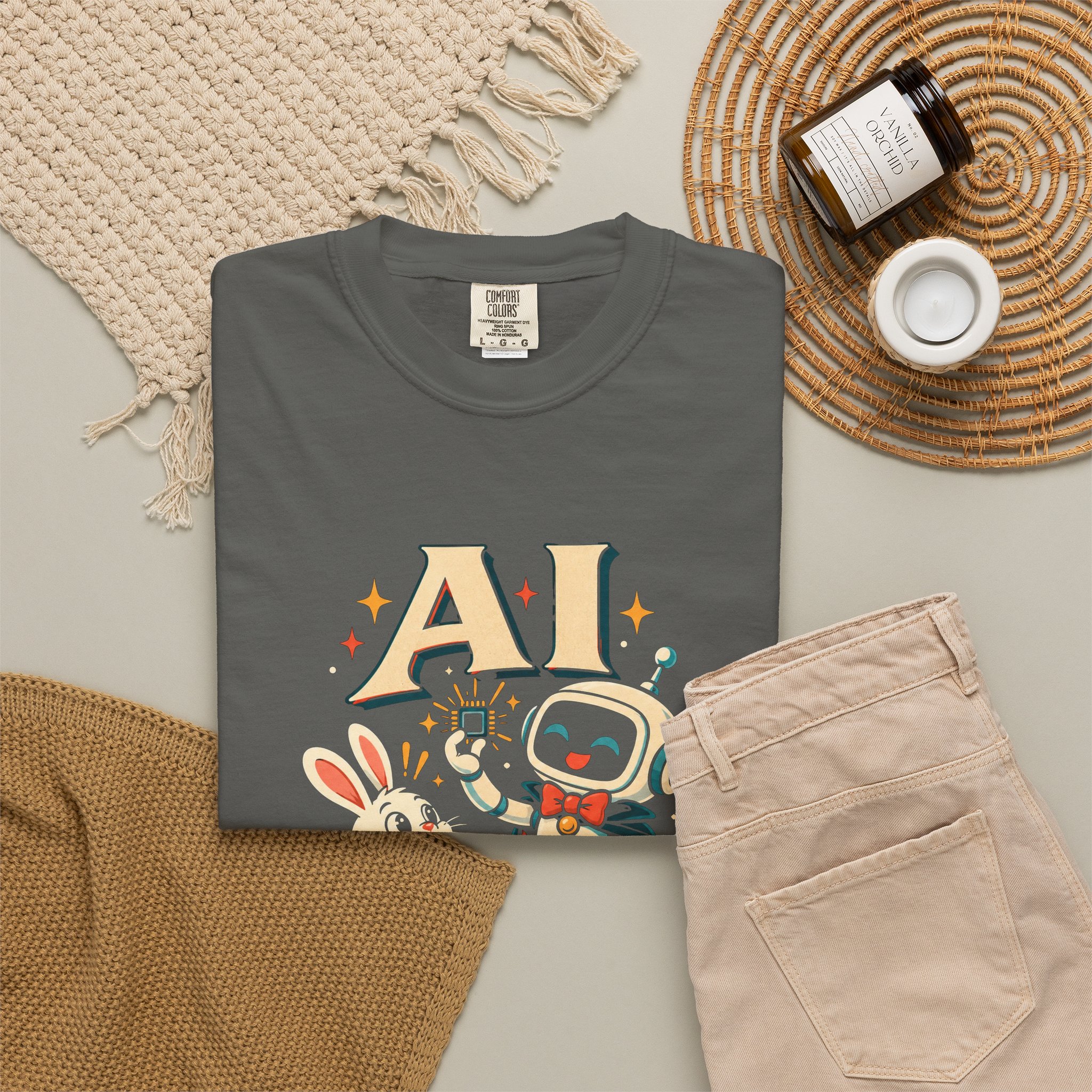 AI Magic Bunny T-shirt in Pepper, folded 2