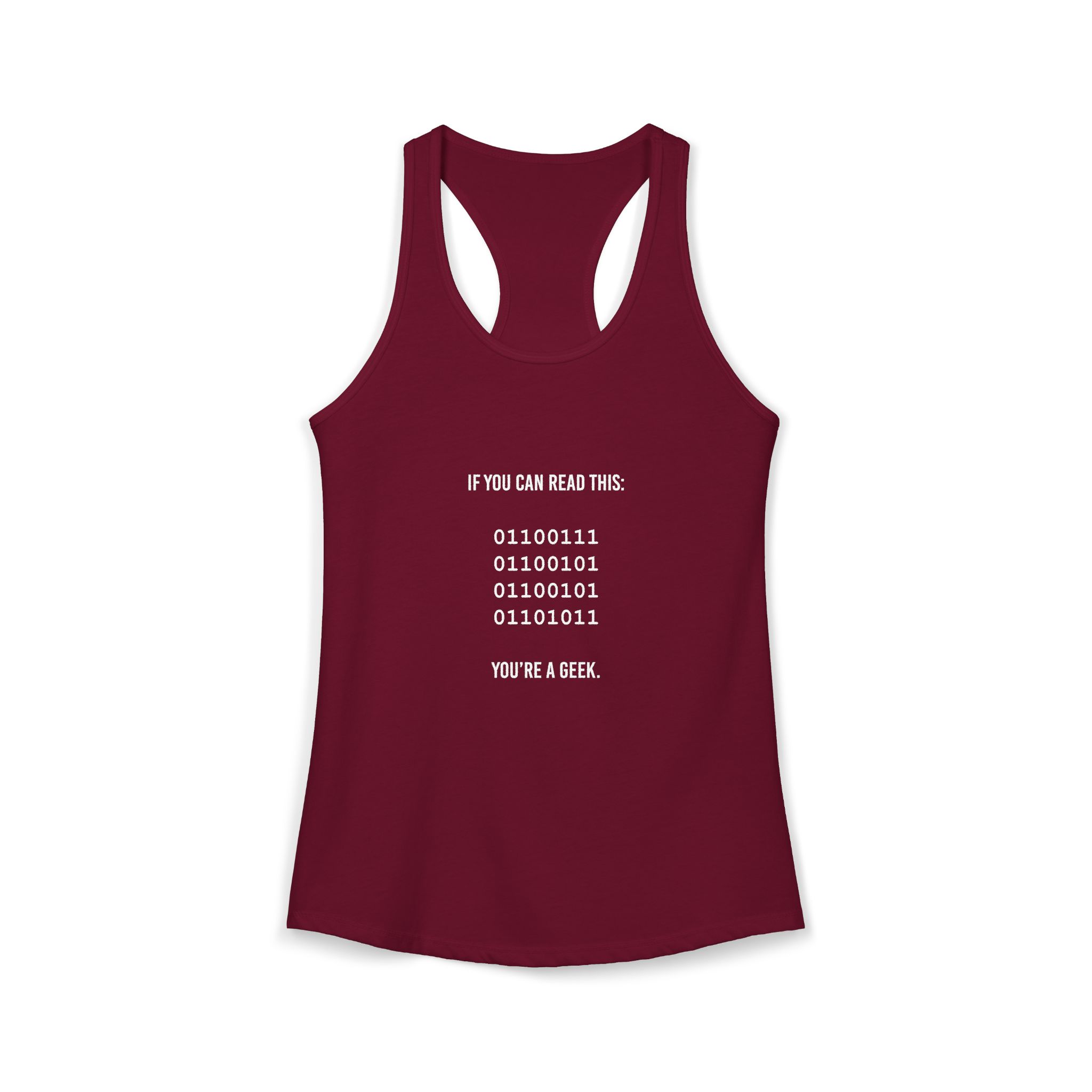 Geek Binary Code women's racerback tank in Solid Cardinal Red, front 2