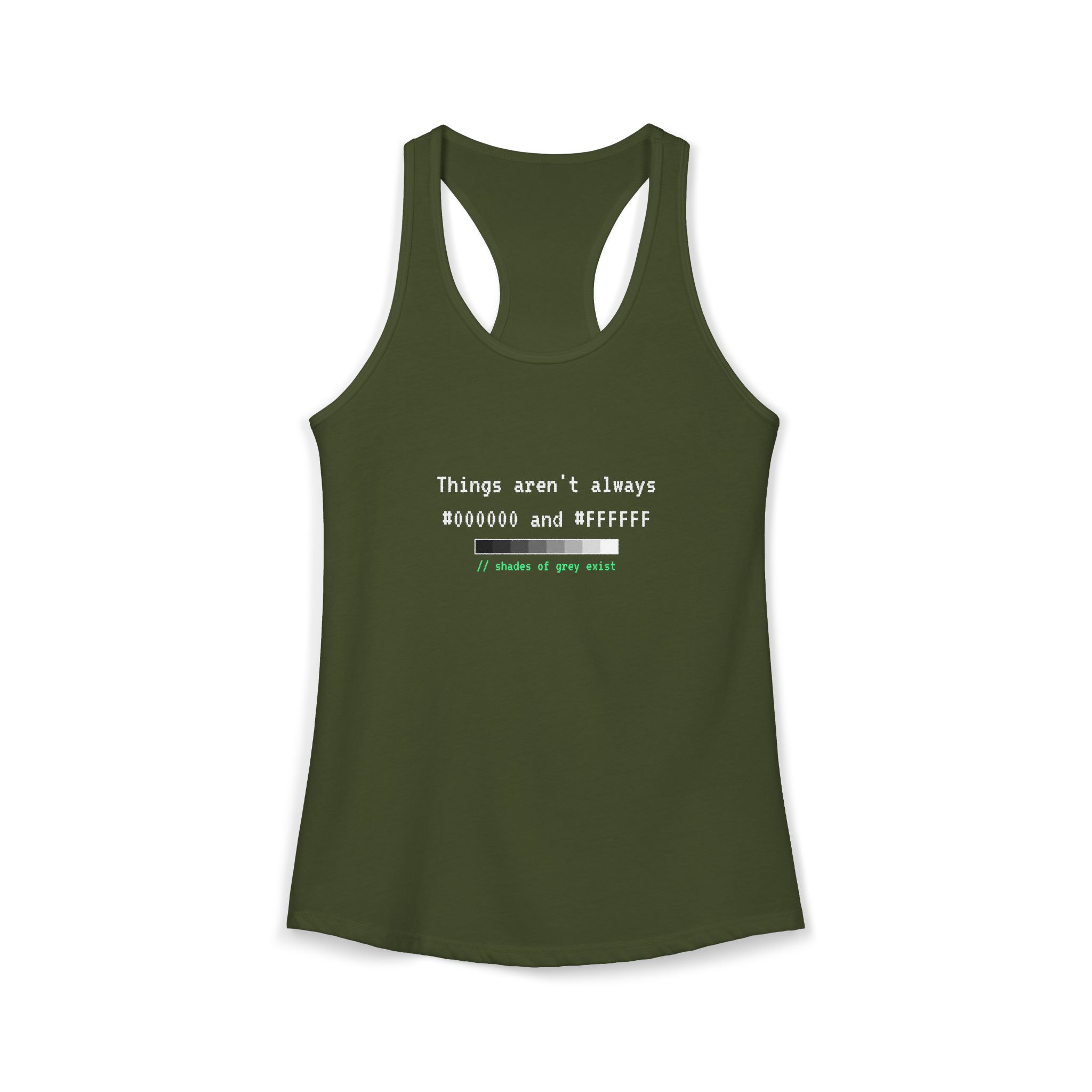 Shades of Grey Exist women's racerback tank in Solid Military Green, front 2