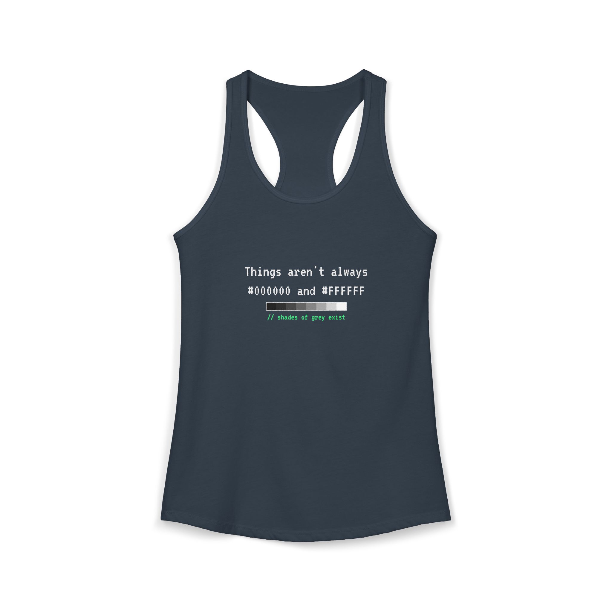 Shades of Grey Exist women's racerback tank in Solid Indigo, front 2