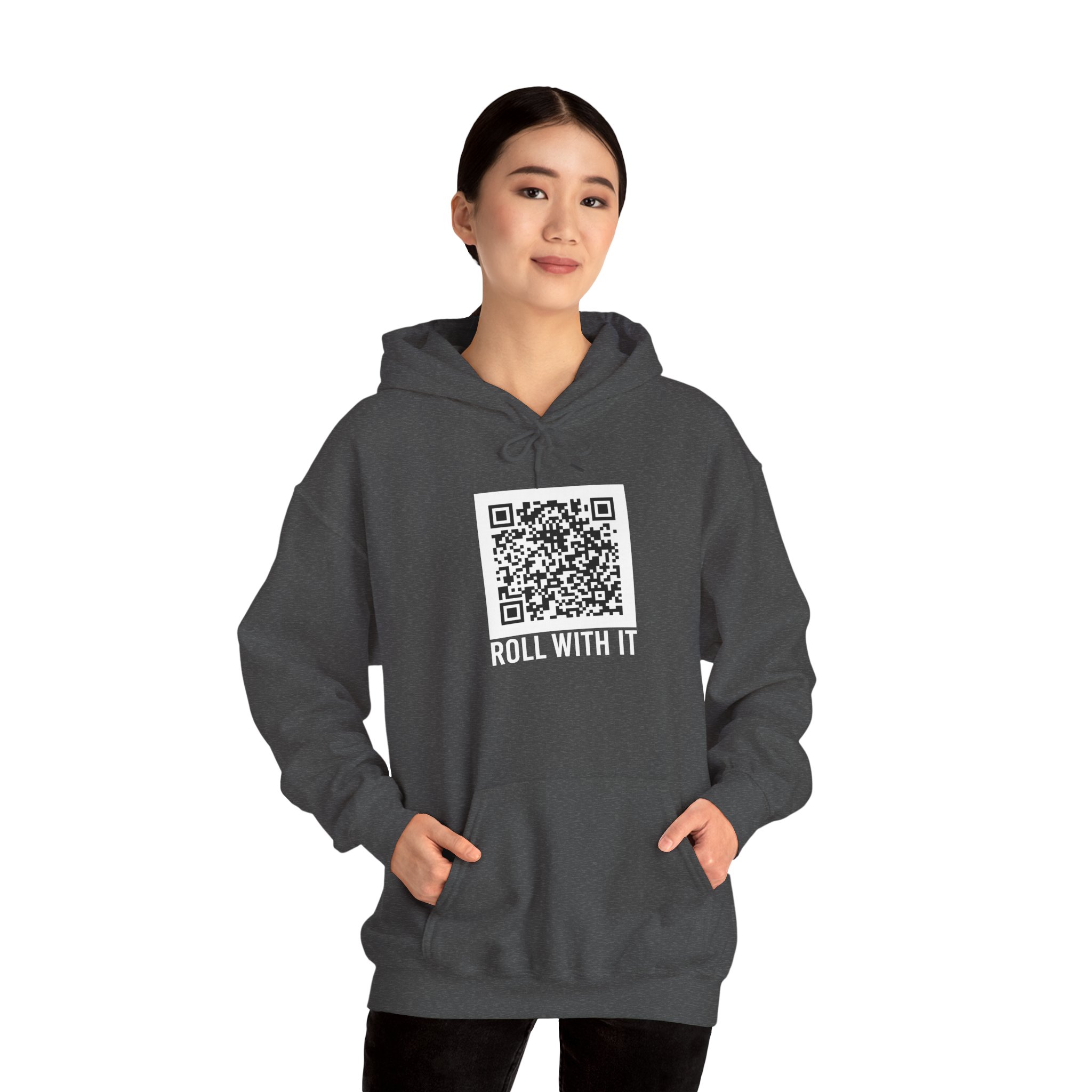 Roll With It QR Code hoodie in Dark Heather, worn by a model