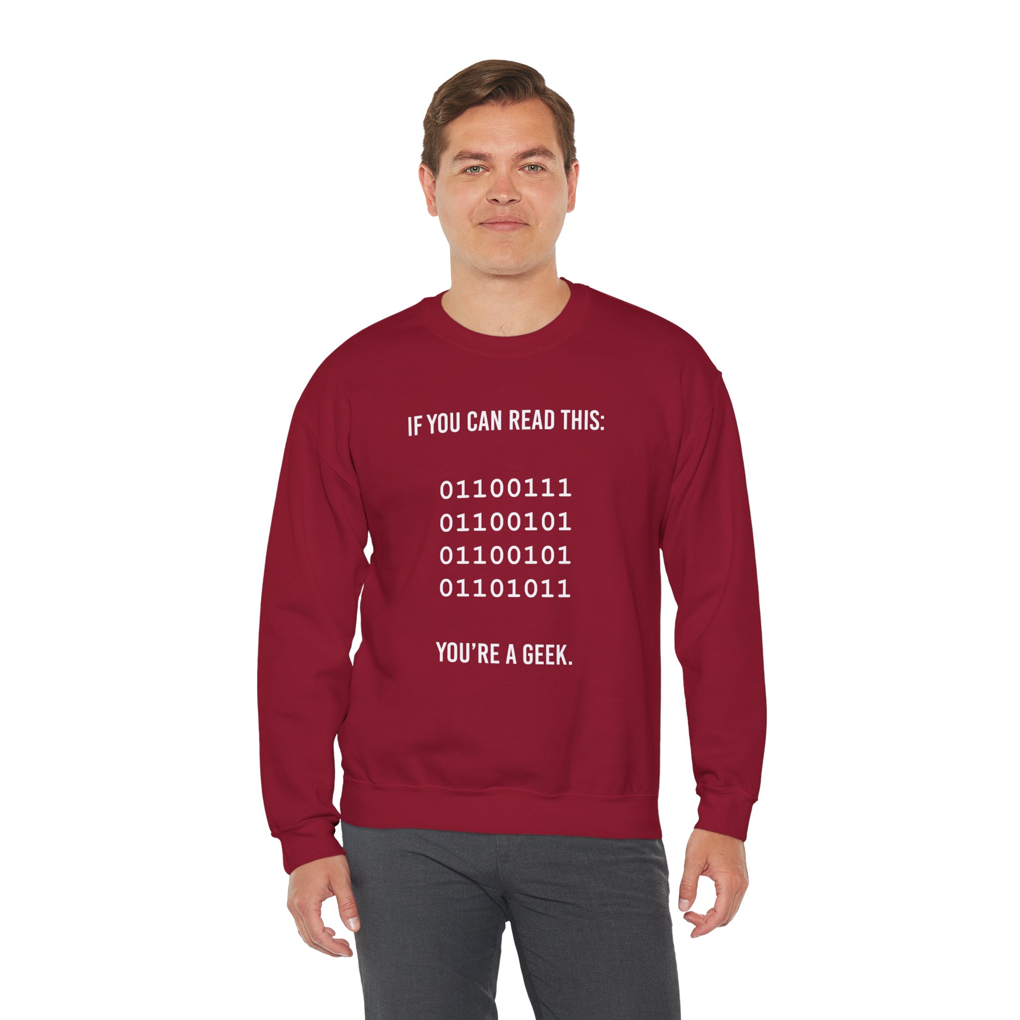 Geek Binary Code crewneck sweatshirt in Cardinal Red, worn by a model, third view