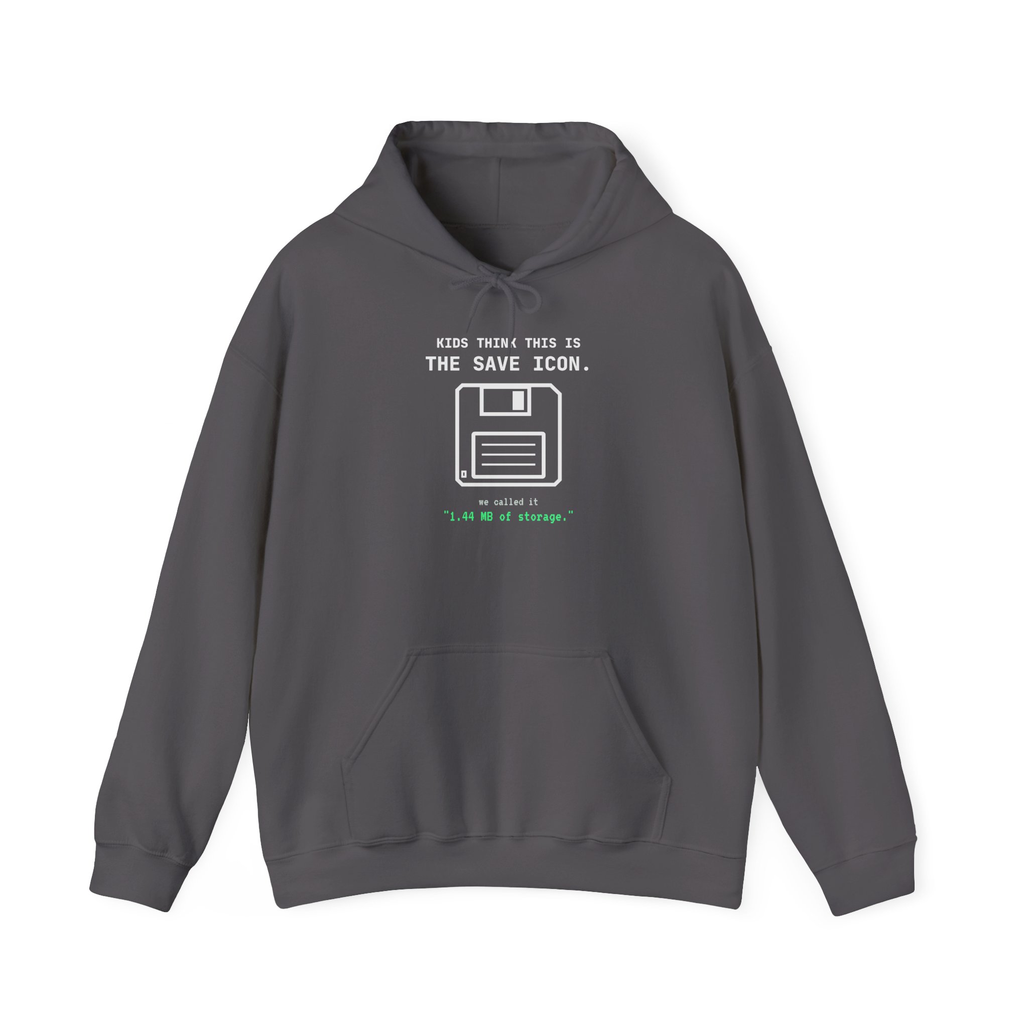 The Original Save Icon hoodie in Charcoal, front view